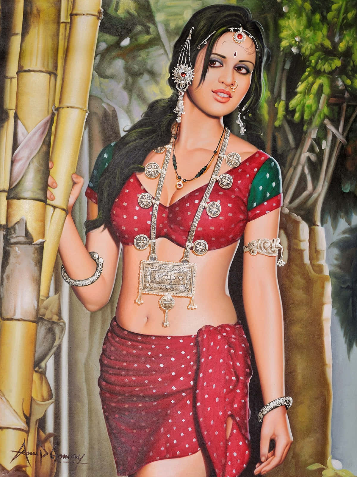 Beautiful Painting 桌布 壁紙 — 一位身穿華麗紅綠傳統服飾的女性，在茂密的叢林環境中優雅地站在竹莖旁。
