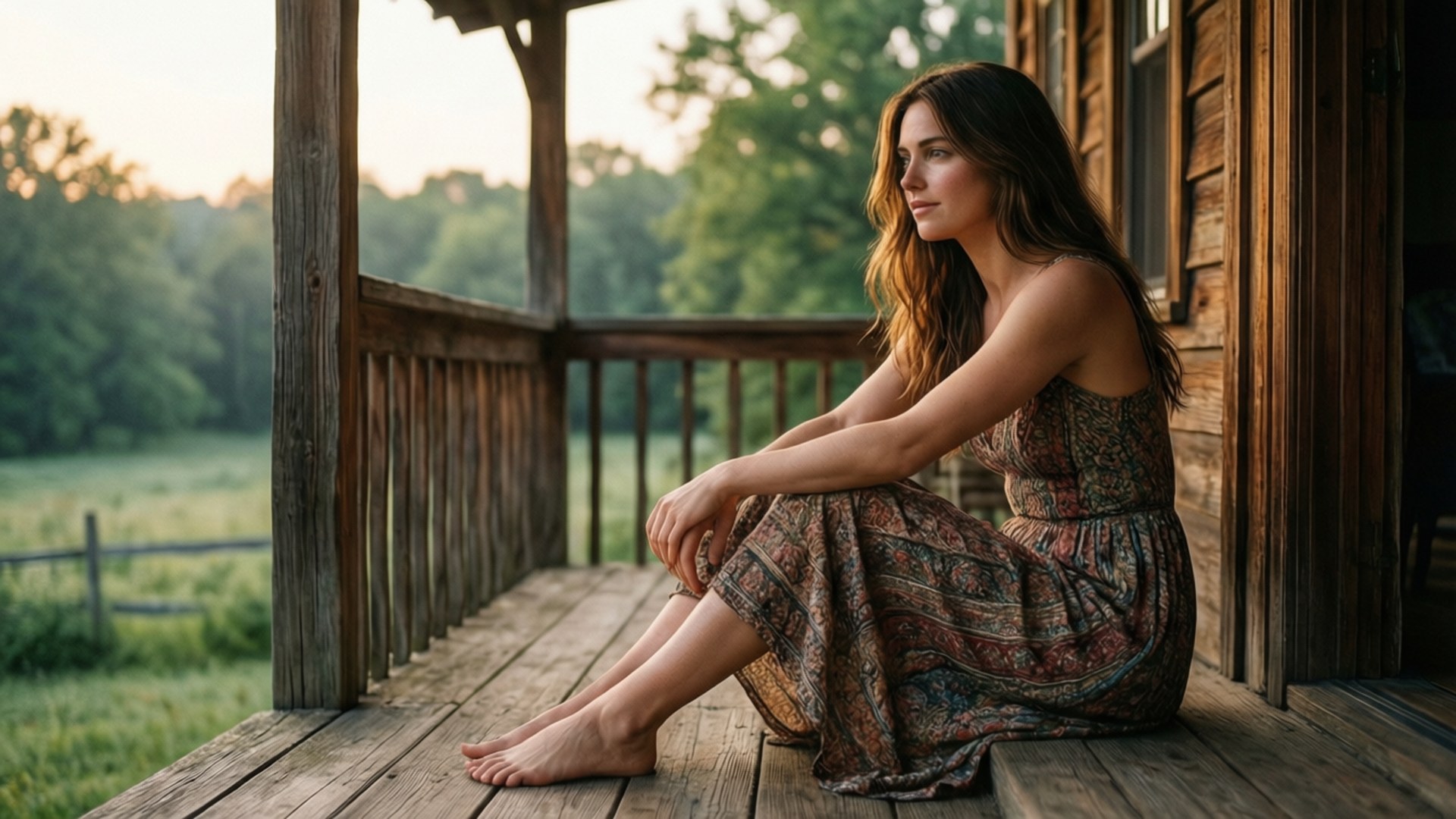 Country Morning 壁紙 — 一位身穿印花連衣裙的女性赤腳坐在木質門廊上，在黃金時刻若有所思地凝視遠方。