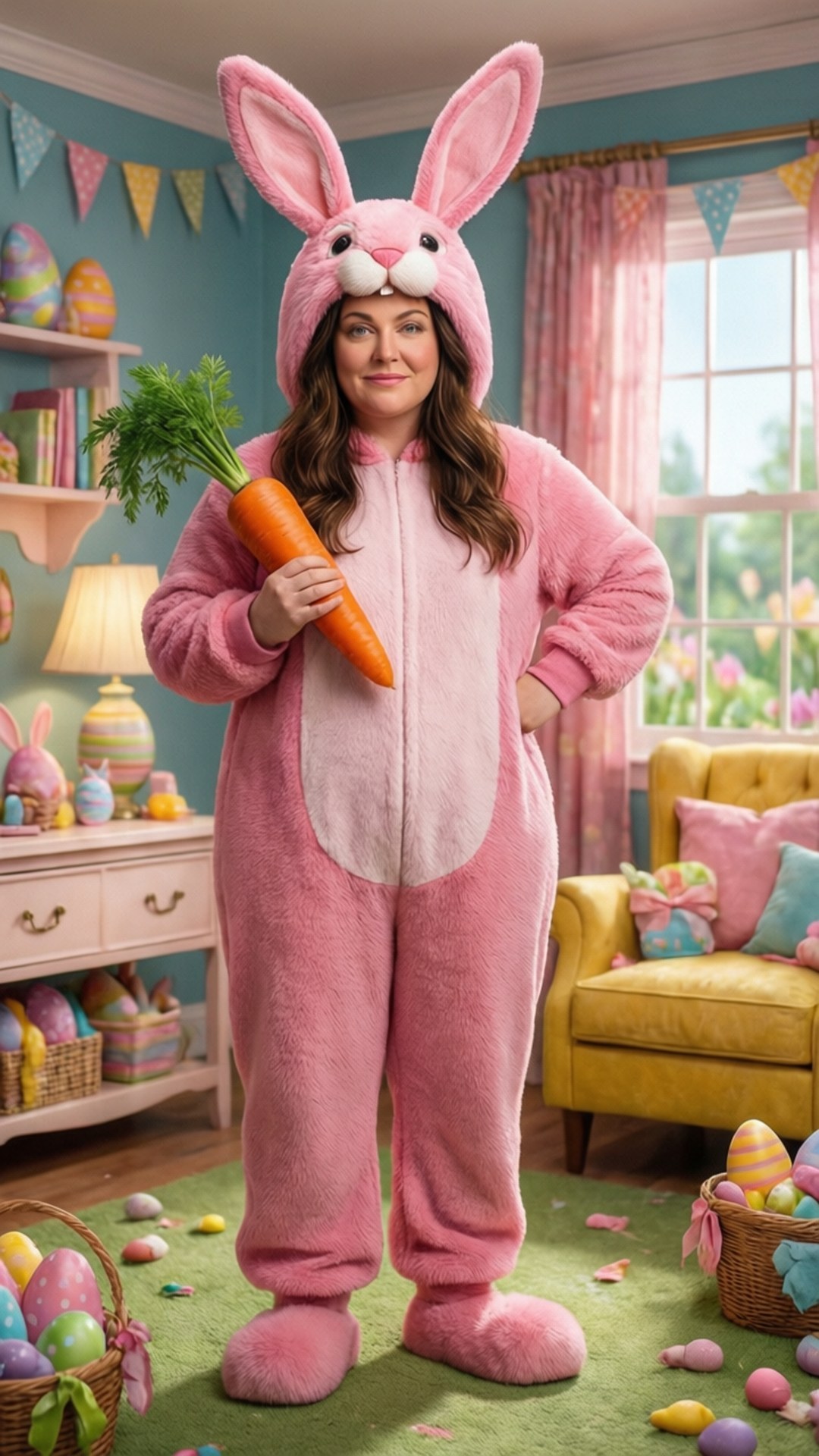 Bunny Kimmy Easter 壁紙 — 一名穿著毛茸茸粉紅色兔子服裝的女性，在一個裝飾明亮、有粉彩蛋和黃色家具的復活節房間裡拿著胡蘿蔔。