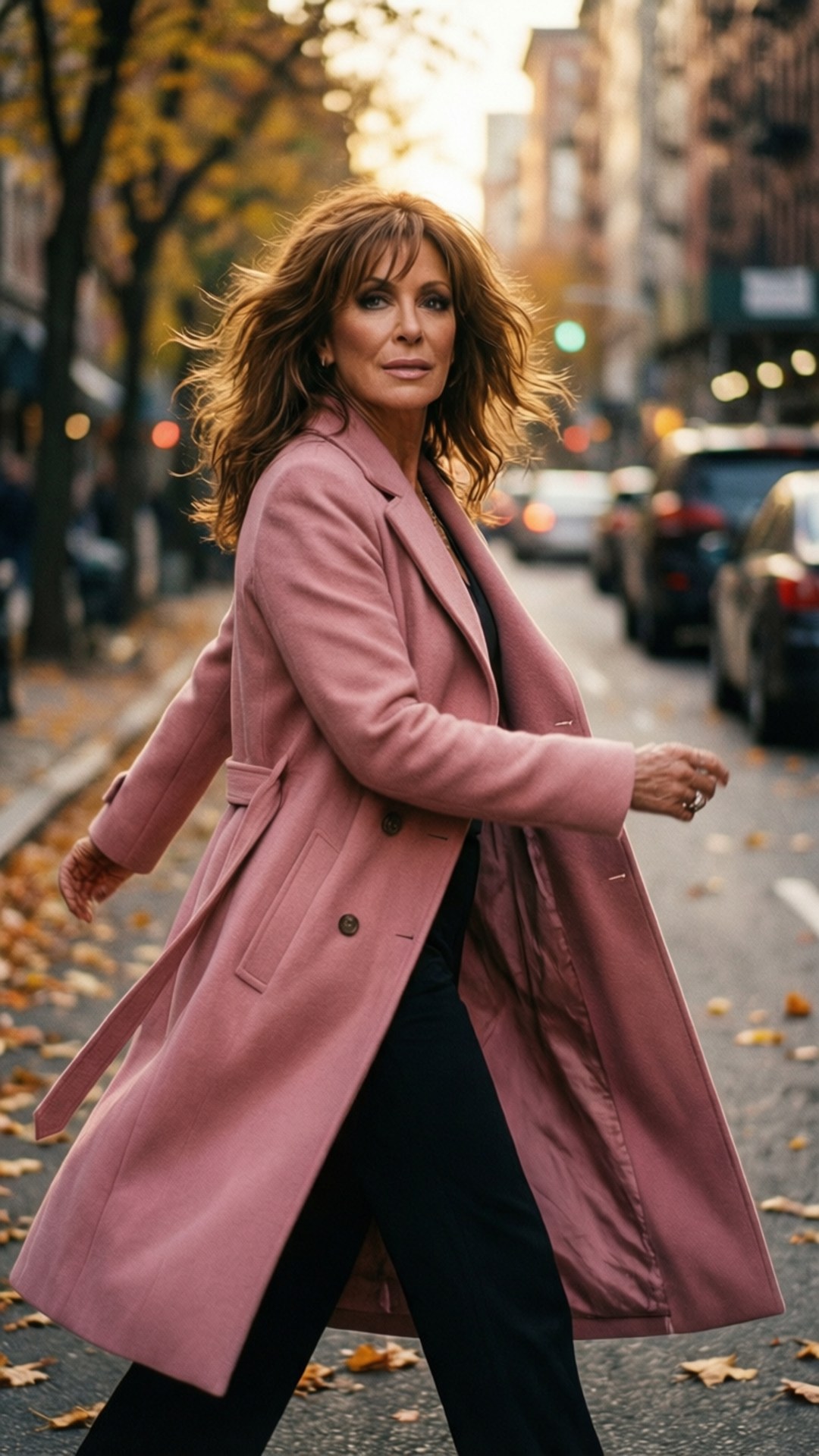 Pink Coat Stroll 壁紙 — 一位身穿粉紅色外套的女性自信地走在鋪滿秋葉和模糊汽車的城市街道上。