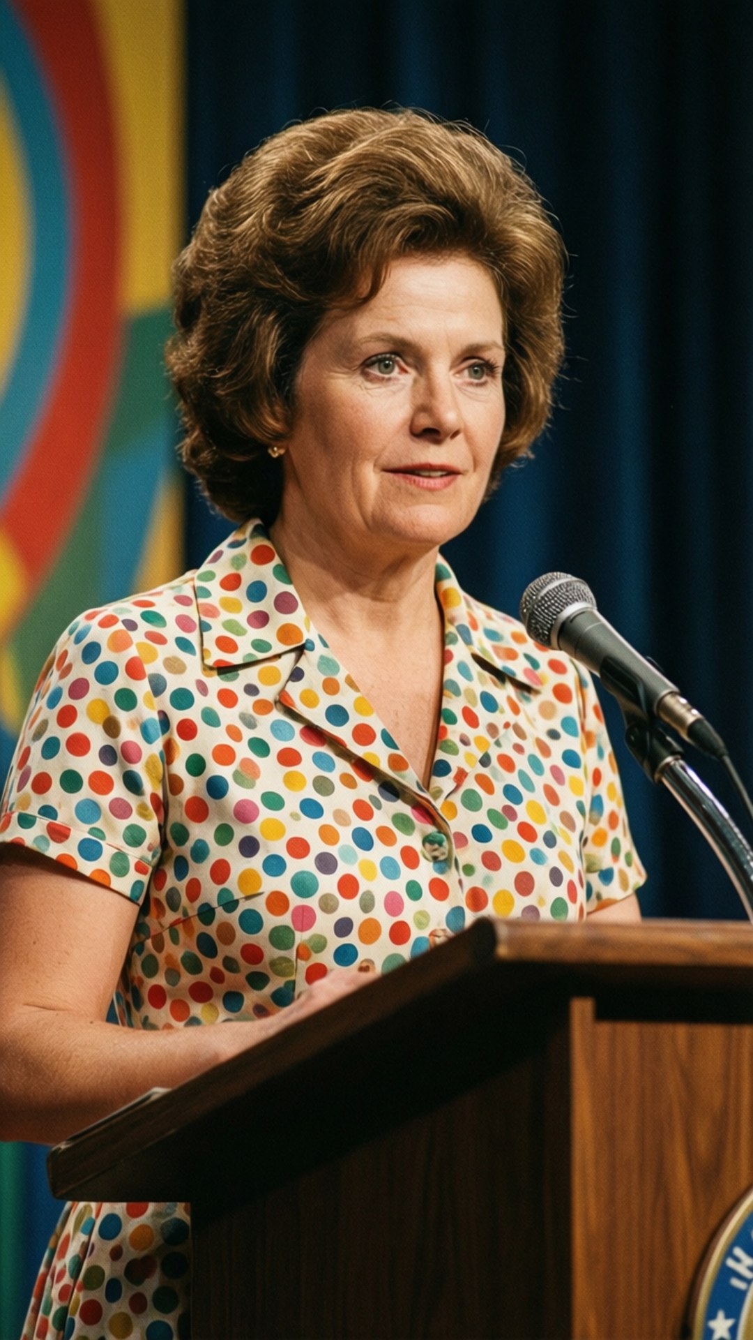 1970s Polka Dot 壁紙 — 一位身穿彩色波點襯衫的女性站在木製講台上，對著麥克風發言，背景是藍色窗簾和彩虹。