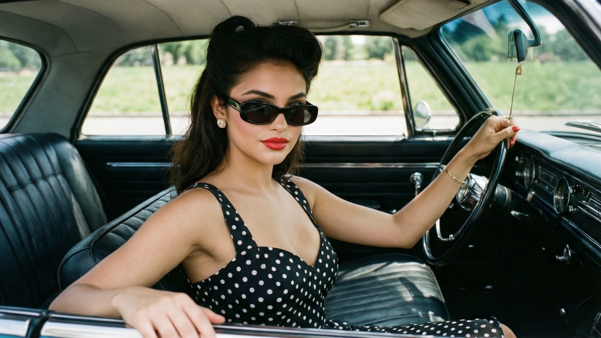 Vintage Pin-up 壁紙 — 一位身穿黑色圓點連衣裙和太陽眼鏡的女性自信地坐在一輛配有皮革座椅的復古車的方向盤後。
