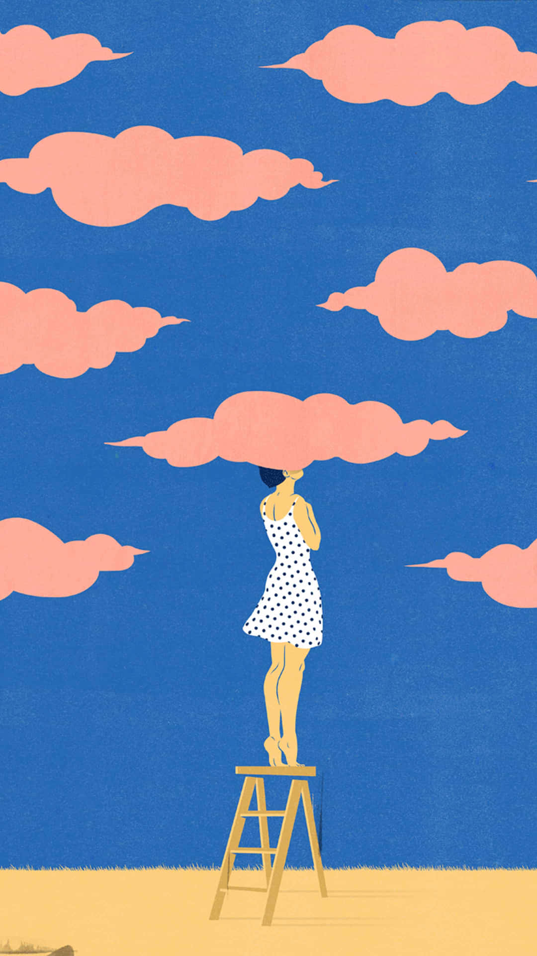 身穿波點裙的女子站在梯子上，在粉紅雲朵下，以藍天為背景。 — Pastel 壁紙