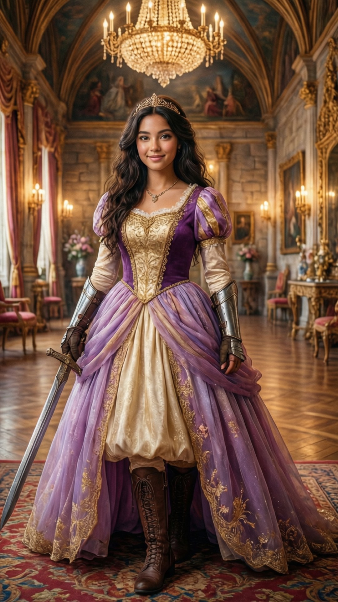 Princess Dora 壁紙 — 一位身穿紫色和金色中世紀長袍、配備盔甲和劍的女性，站在燭光璀璨的宏偉城堡大廳中，吊燈之下。