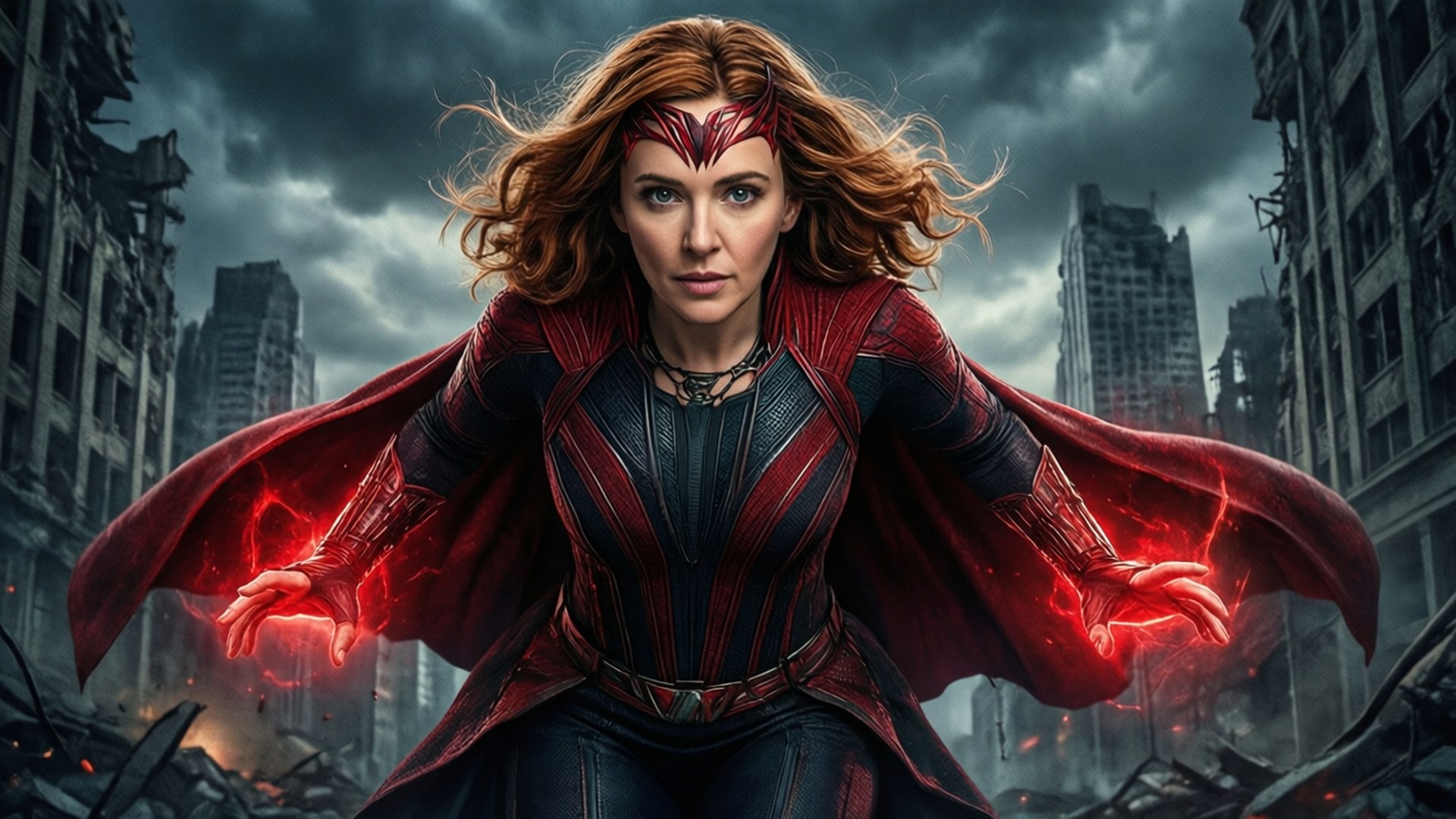 Scarlet Witch Battle 壁紙 — 一名身穿紅黑超級英雄套裝的女性站在瓦礫中，雙手發出紅色光芒的能量，在暴風雨的天空下劈啪作響。