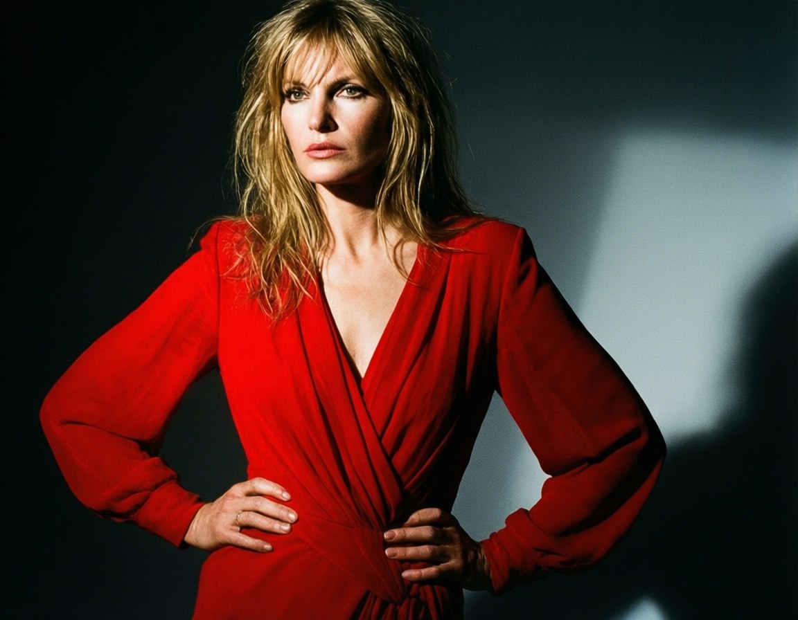 Kate Moss Red Dress Studio 壁紙 — 一位身穿大膽紅色連衣裙的女性，雙手叉腰，自信地站在鮮明的深色背景前，燈光效果戲劇化。