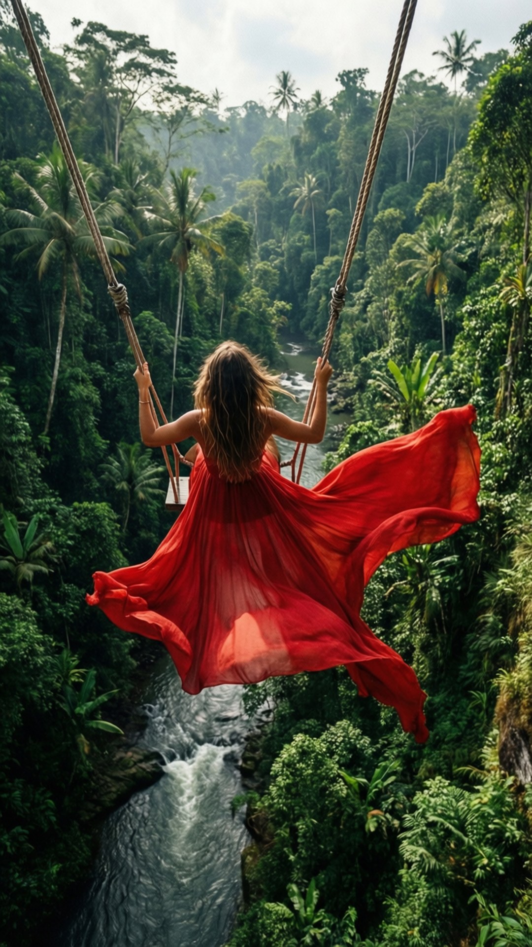 Bali Swing Over Jungle 壁紙 — 一位身穿飄逸紅裙的女子在叢林河流上方高高盪起，背景有棕櫚樹和霧氣繚繞的山巒。