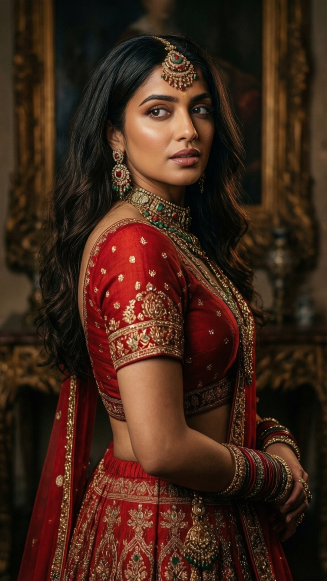 Royal Red Lehenga 壁紙 — 一位身穿華麗紅色刺繡長裙、佩戴金色珠寶的女性，站在裝飾華麗的金色框架背景前。