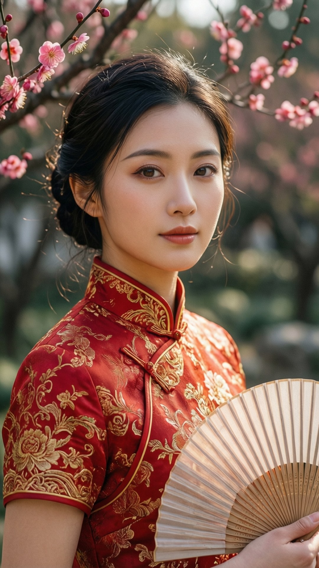 Elegant Qipao Beauty 壁紙 — 一位身穿紅色金線刺繡旗袍的女性，在粉紅色的櫻花下拿著米色扇子。