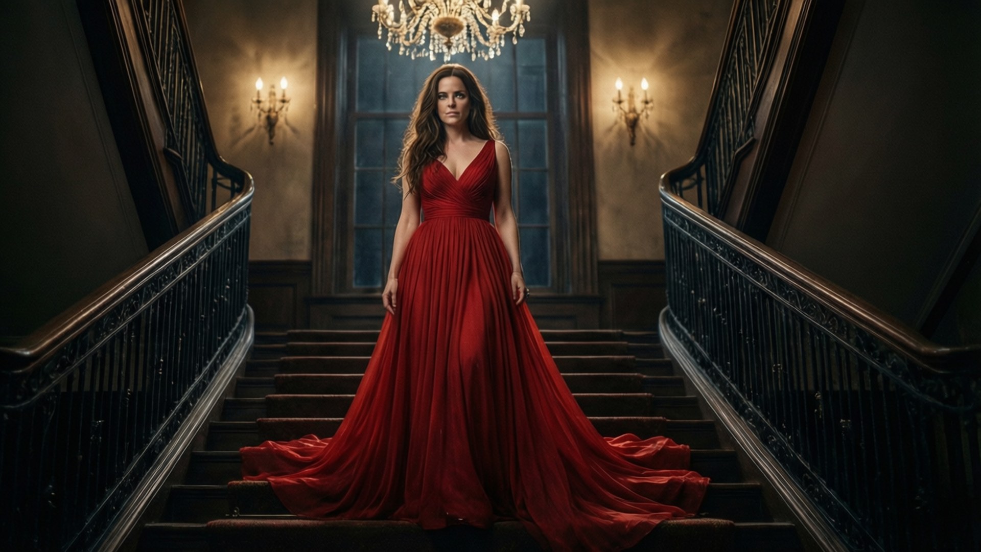 Red Gown Elegance 壁紙 — 一位身穿飄逸紅色長裙的女性，站在由吊燈和壁燈照亮的宏偉樓梯中央。