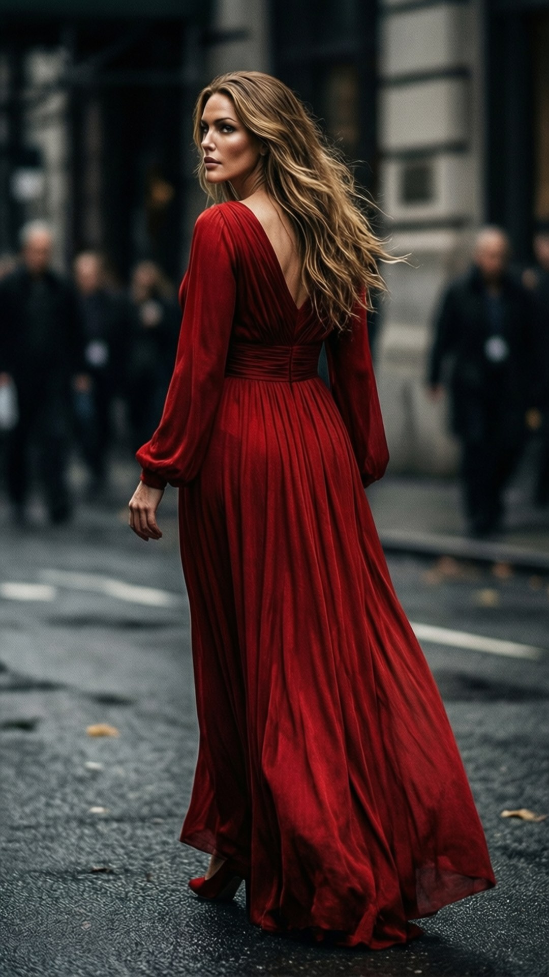 Red Dress Walk 壁紙 — 一位身穿飄逸紅色長裙的女子在城市的街道上行走，風吹亂了她的頭髮。