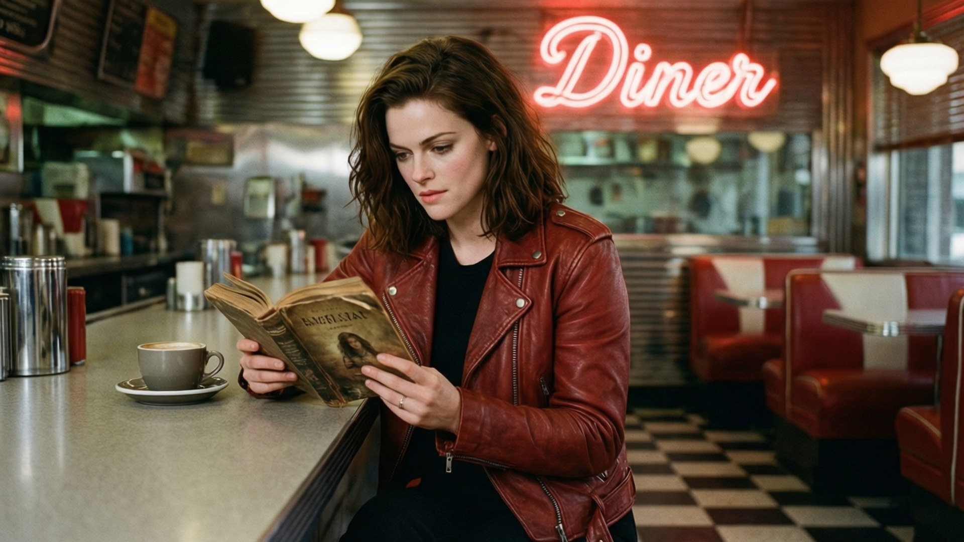 Diner Retro Vibes 壁紙 — 一位身穿紅色皮夾克的女性在發光的霓虹燈牌下，於餐廳櫃檯前閱讀一本書。