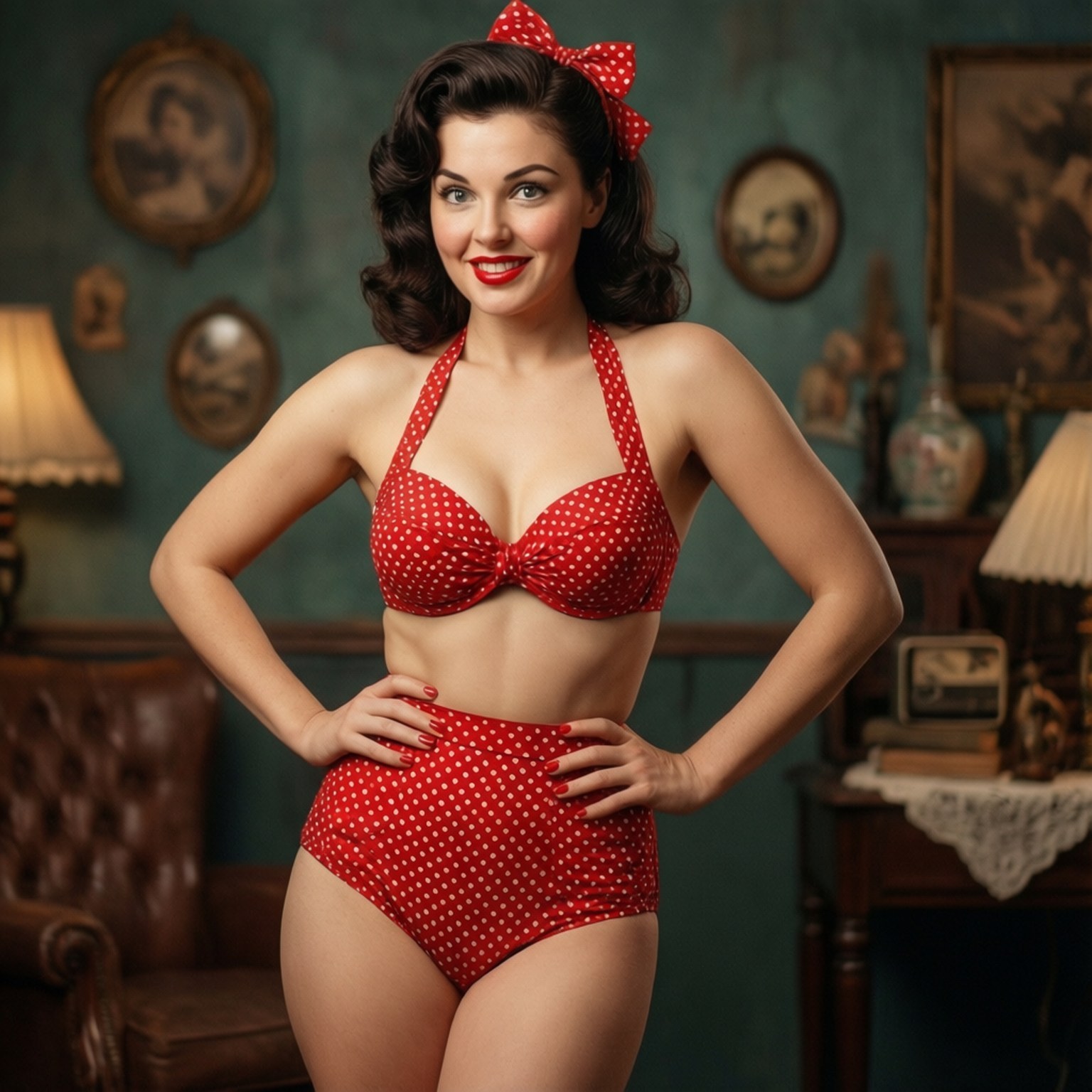 Pin-up Retro 壁紙 — 一位身穿紅色圓點復古泳衣、配戴相配蝴蝶結的女性，在一個帶有框畫和燈具的復古藍綠色房間中自信地微笑。