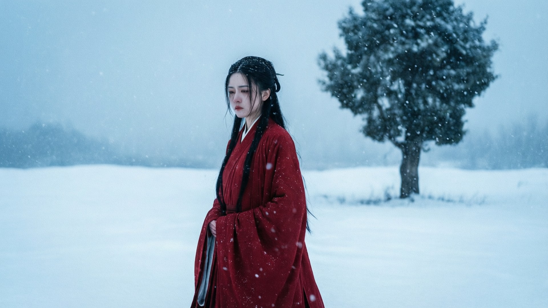 Hua Cheng in Snow 壁紙 — 一位身穿鮮紅色傳統長袍的女性獨自站在雪地中，雪花飄落，身旁有一棵孤樹。