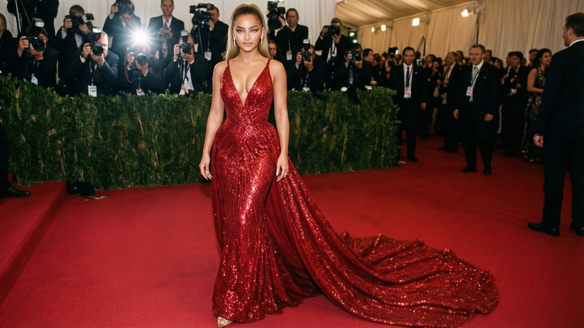 Red Carpet Glamour 壁紙 — 一位身穿閃亮紅色亮片長裙、裙擺拖地的女性自信地走在紅地毯上，攝影師們在綠色籬笆後閃光燈不斷。