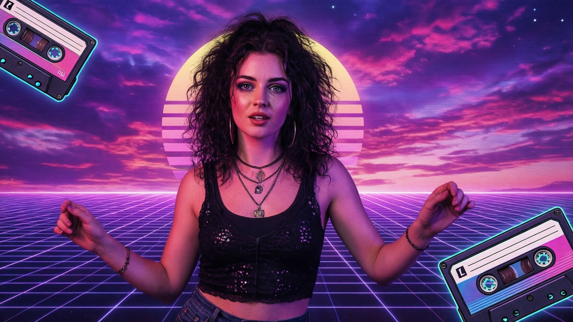 Synthwave Sylvie 壁紙 — 一位捲髮女性站在霓虹網格日落中，周圍漂浮著發光粉紅和藍色的卡式錄音帶。