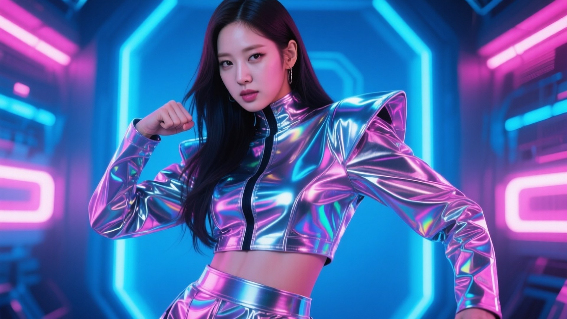 Cyber Taeyeon 壁紙 — 一位身穿閃亮金屬套裝的女性在霓虹燈照亮的未來主義走廊中自信地擺姿勢，散發著藍色和粉紅色的光芒。