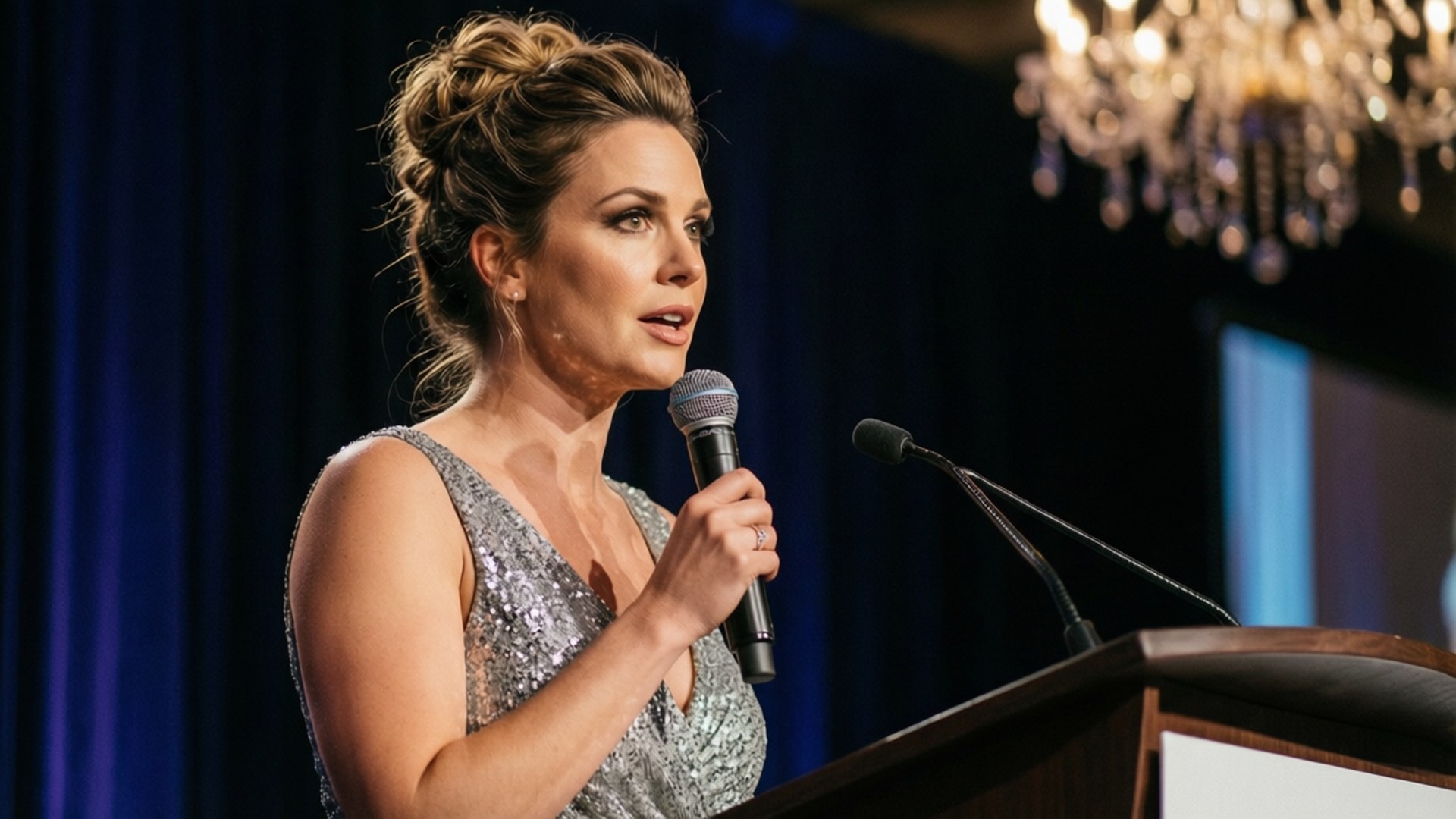 Charity Gala Speech 壁紙 — 一位身穿閃亮銀色連衣裙的女性在藍色窗簾背景下的吊燈下講台上對著麥克風說話。