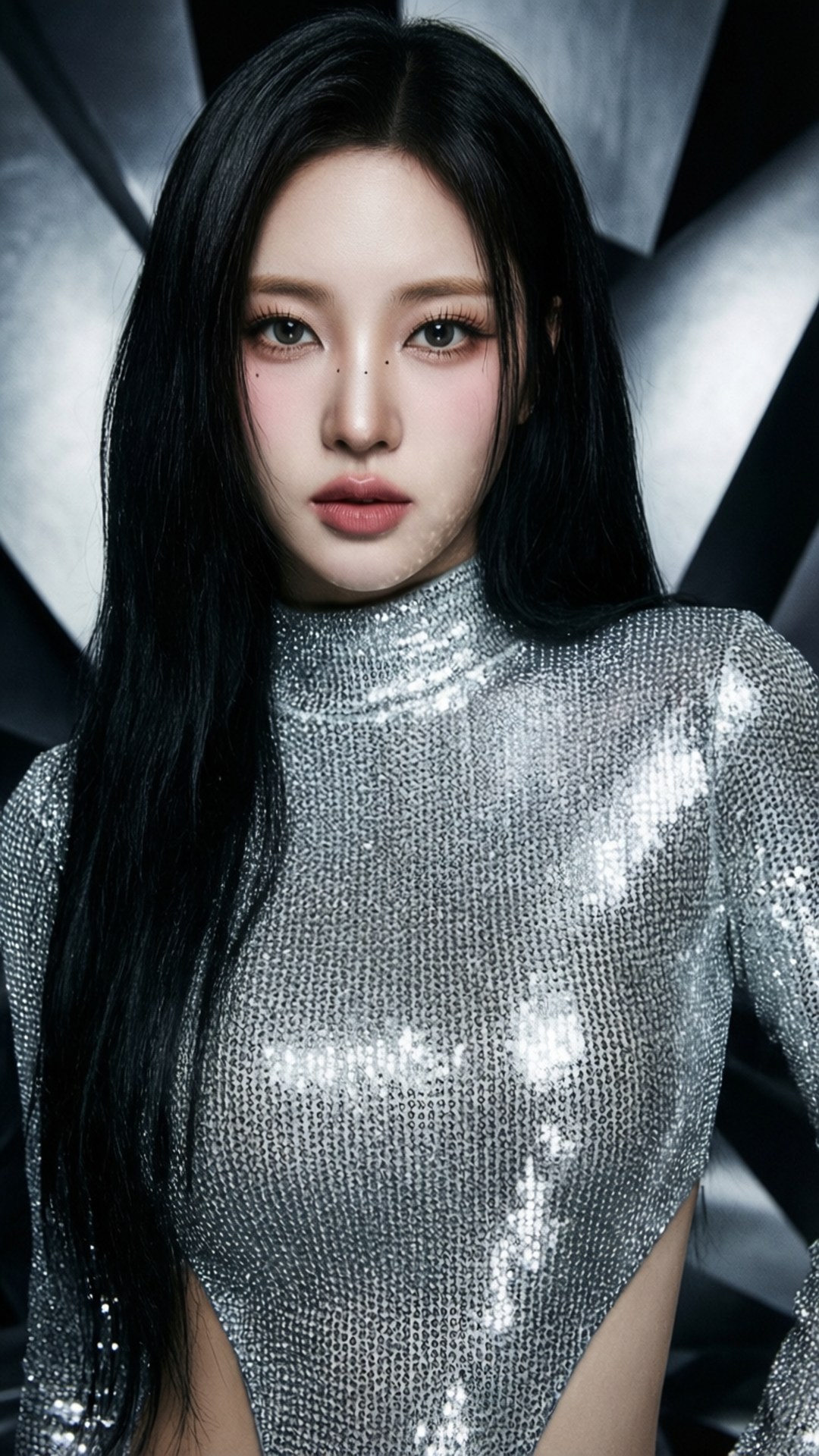 Karina Silver Closeup 壁紙 — 一位長黑髮的女性穿著閃閃發光的銀色亮片上衣，背景是幾何金屬質感。