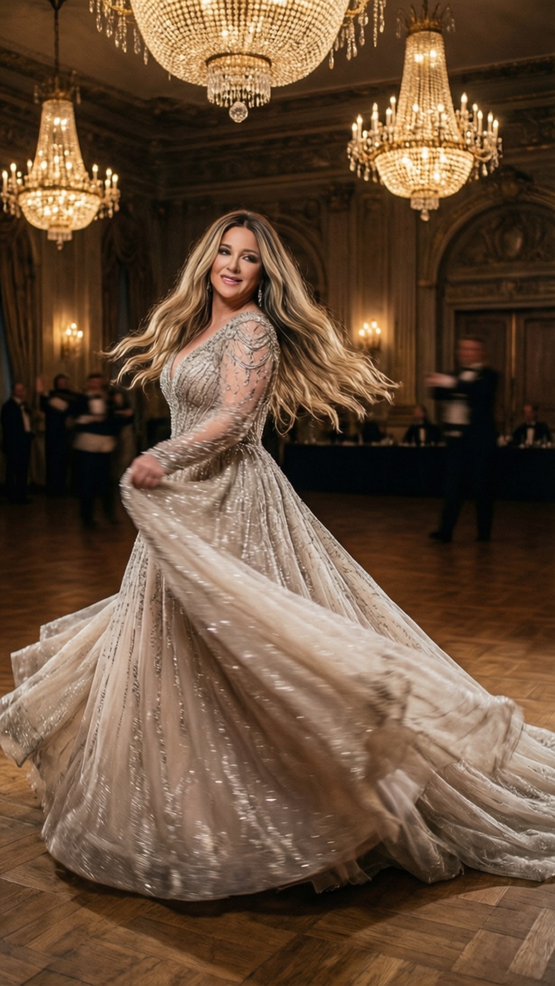 Ballroom Twirl 壁紙 — 一位身穿閃爍香檳色長裙的女性，在華麗舞廳的宏偉水晶吊燈下優雅地旋轉。