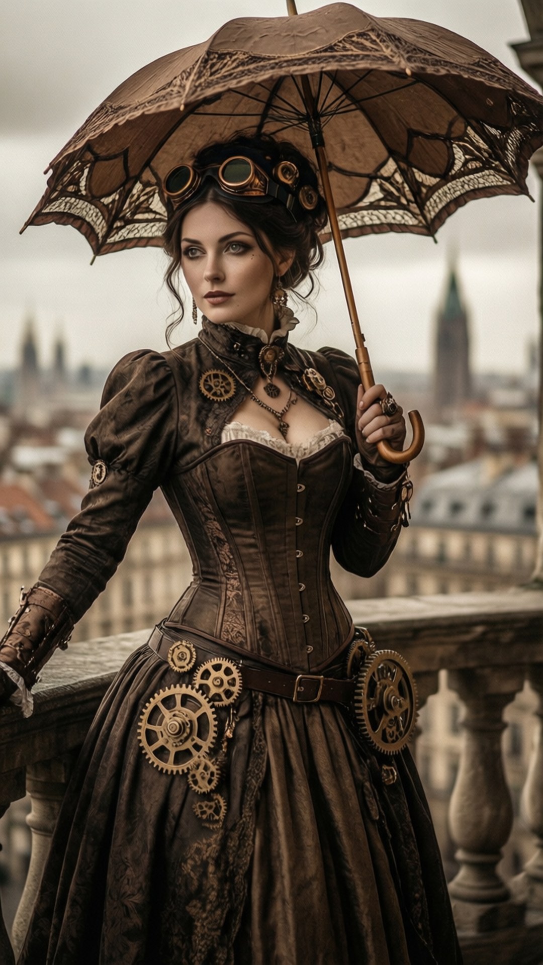 Victorian Goggles 壁紙 — 一位穿著華麗蒸氣龐克服飾的女性，在陰雲密佈的城市背景下撐著一把蕾絲陽傘。