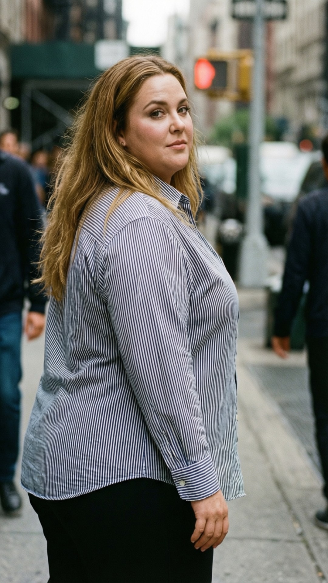 Street Style Amy 壁紙 — 一位長金髮、身穿藍白條紋襯衫的女性站在繁忙的城市人行道上，回頭看。