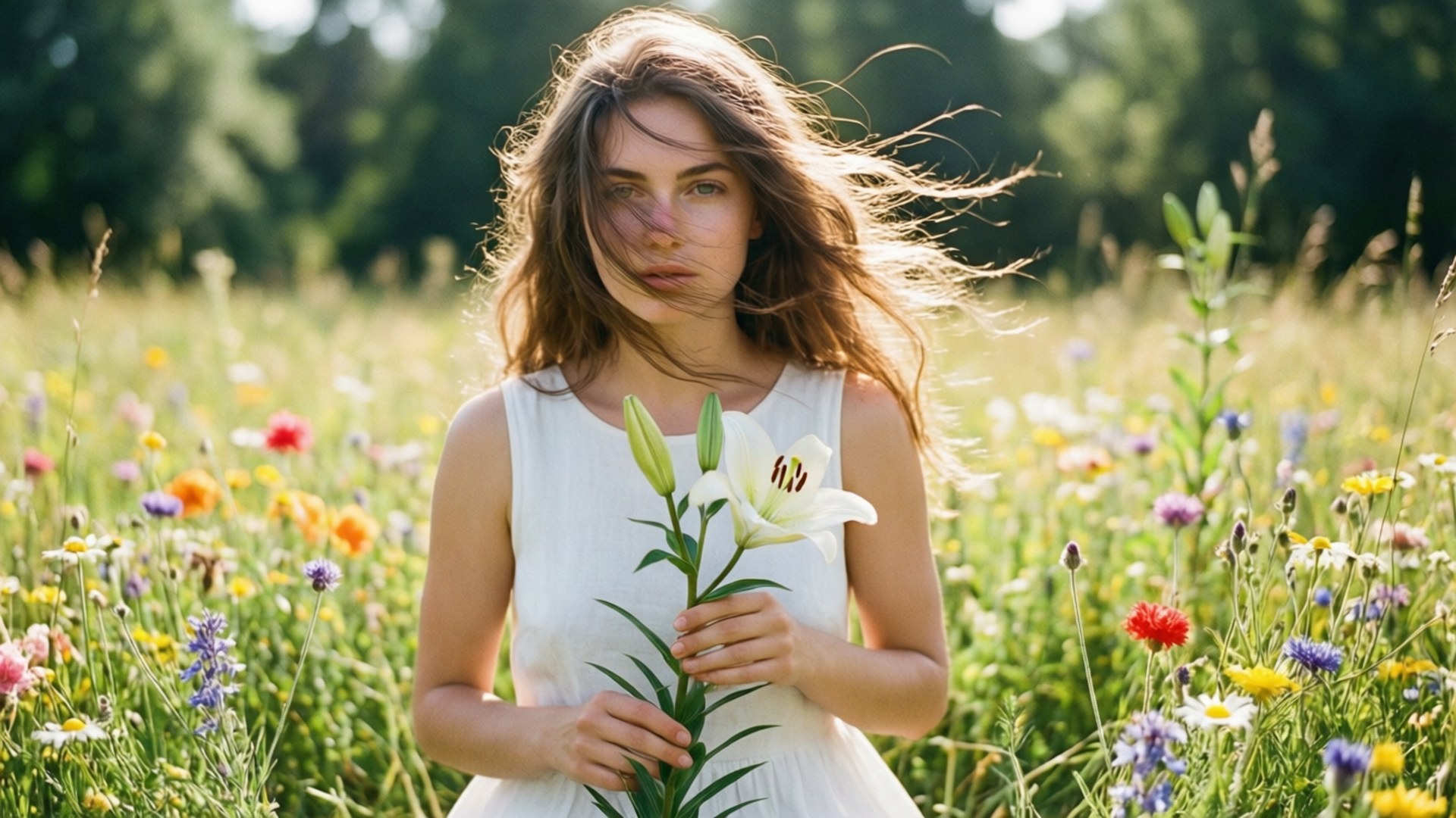 Chi in Meadow 壁紙 — 一位身穿白色連衣裙的女子站在陽光明媚的草地上，手持一朵白色百合花，風吹動她的頭髮。