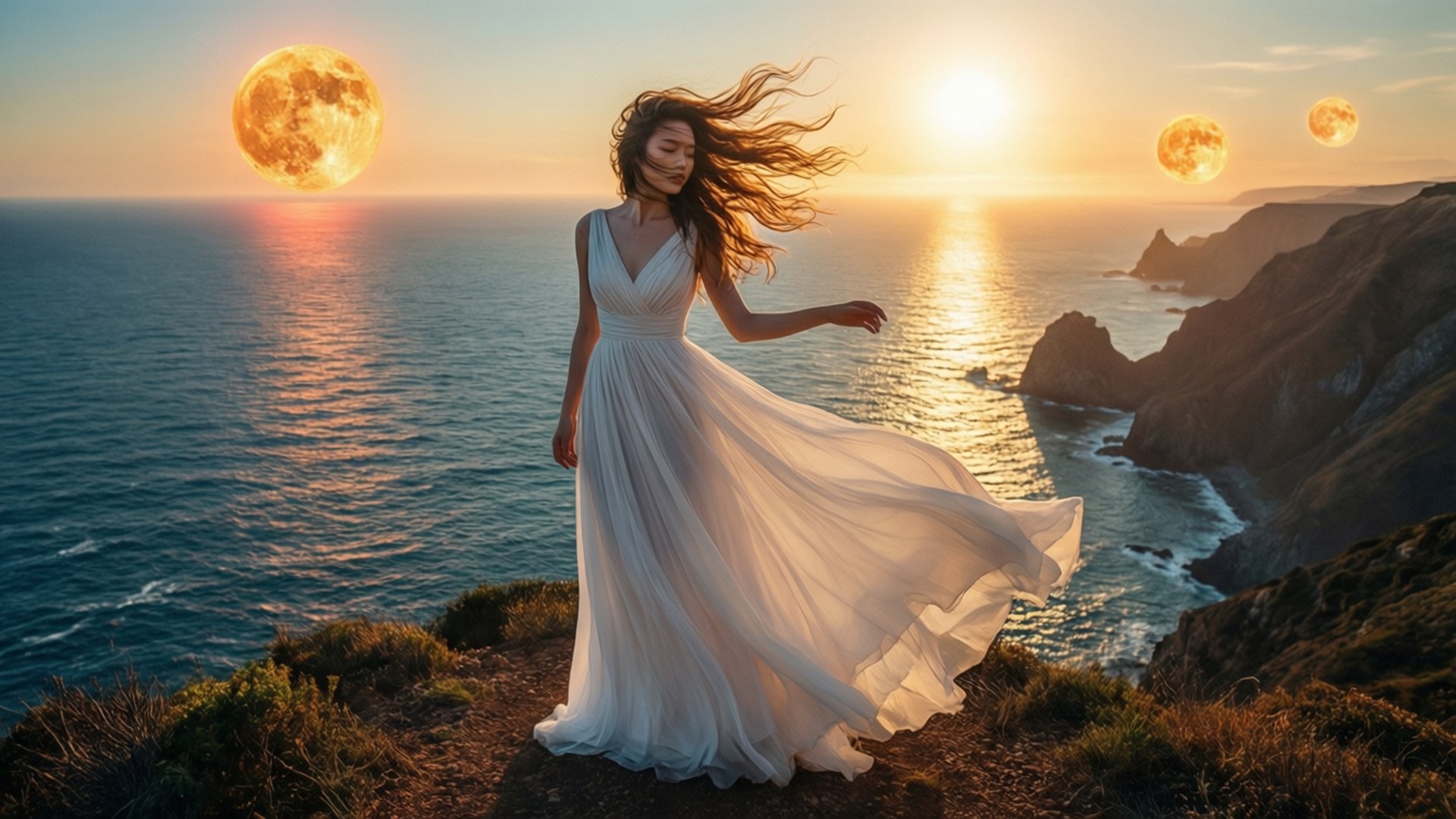 Ocean of Suns 壁紙 — 一位身穿飄逸白色連衣裙的女子在日落時分站在懸崖上，海洋上空有三個發光的月亮。