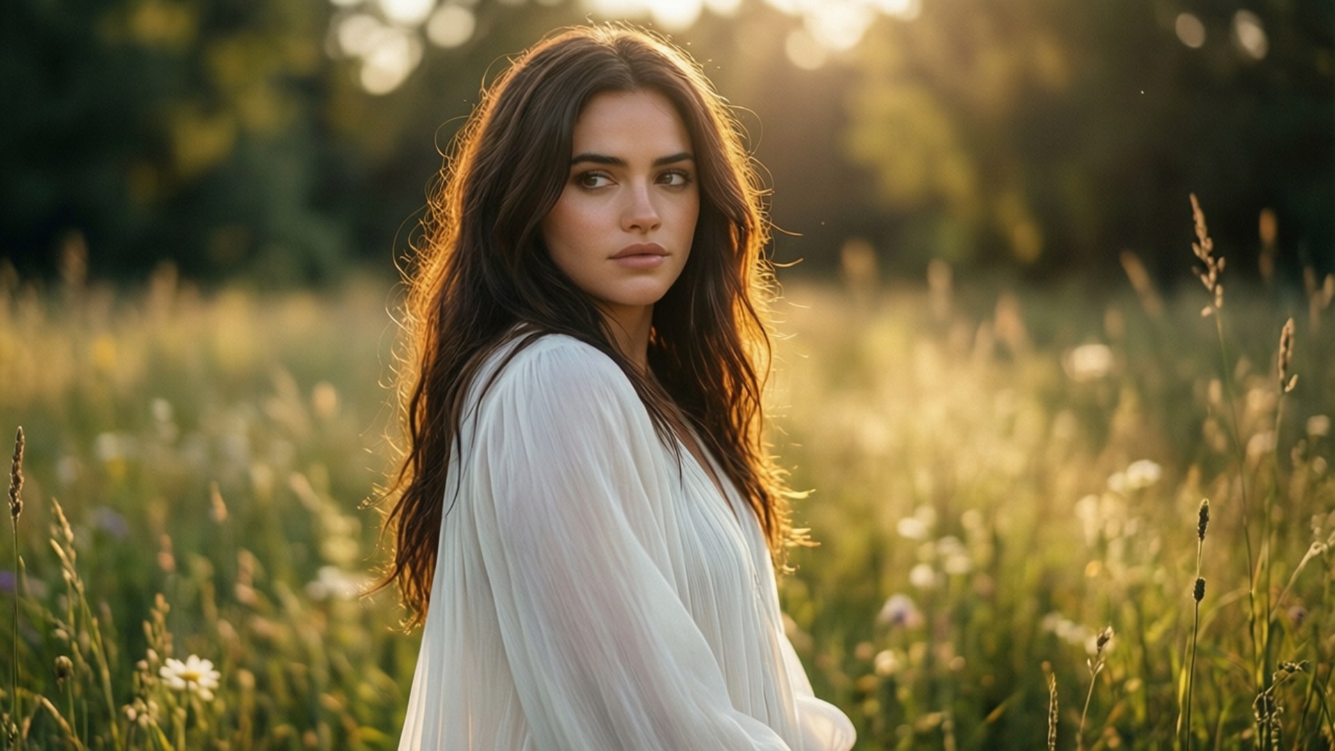 Golden Meadow Glance 壁紙 — 一位長黑髮、身穿白色飄逸連衣裙的女子站在陽光明媚、長滿高草和野花的田野中。