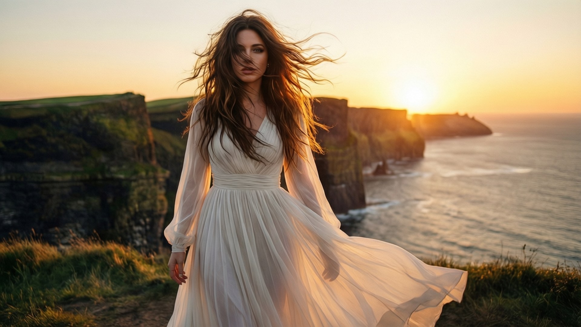 Golden Hour Grace 壁紙 — 一位身穿飄逸白色連衣裙的女性在日落時分站在懸崖上，風吹動她的頭髮和裙子，海洋在下方延伸。