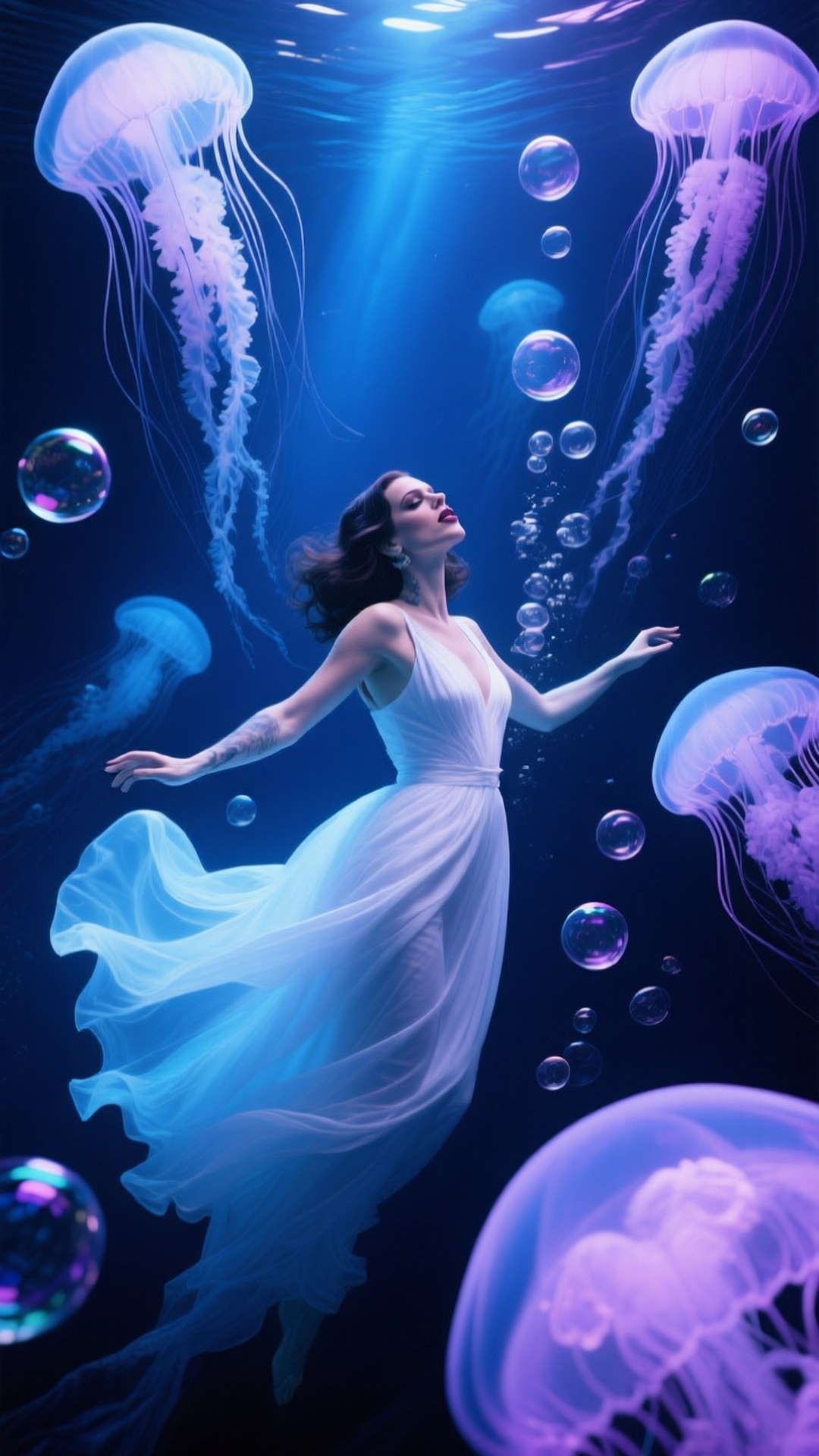 Underwater Ethereal 壁紙 — 一位身穿飄逸白色長裙的女性，在發光水母和閃爍氣泡的環繞下，寧靜地漂浮在水中。