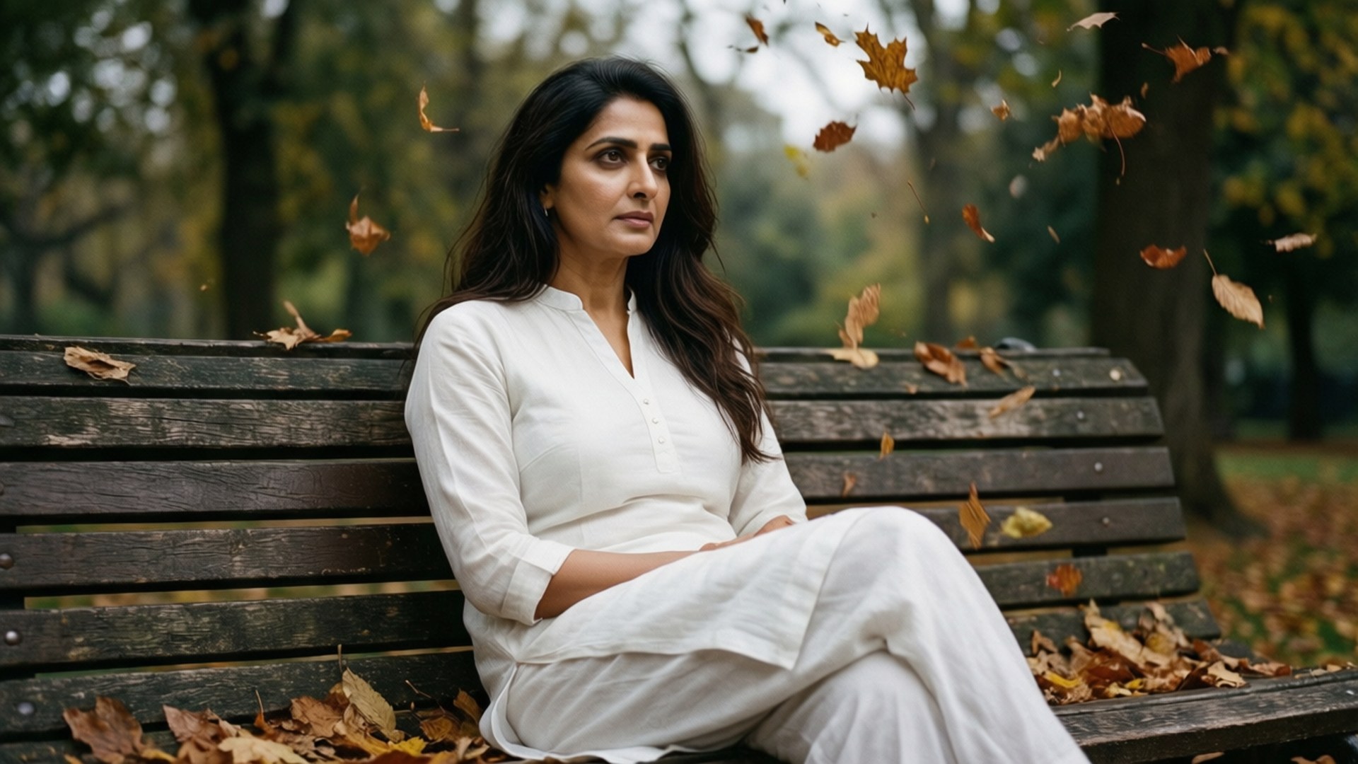 Kajol in Autumn Park 壁紙 — 一位身穿白衣的女子坐在公園的木長椅上沉思，秋葉在她周圍旋轉。