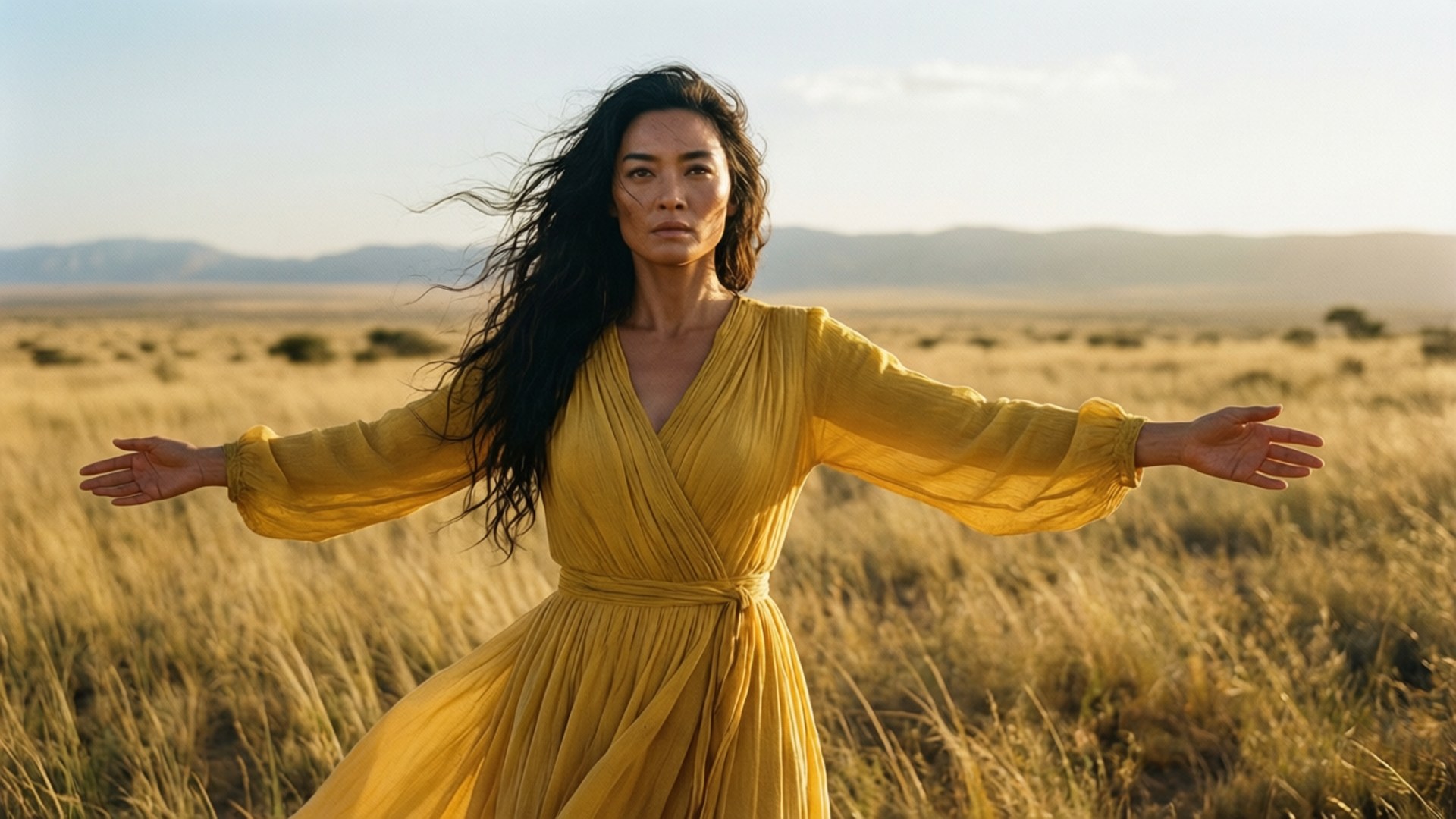 Shuri in the Savanna 壁紙 — 一位身穿飄逸黃色連衣裙的女性，在柔和的天空下，張開雙臂站在金色的草地上。