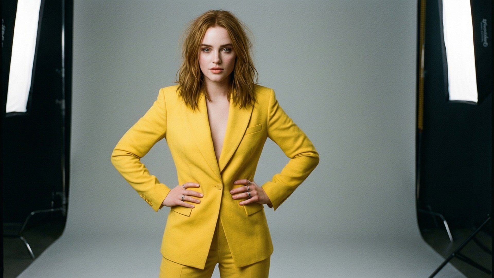 Sophie Turner Yellow Suit 壁紙 — 一位身穿大膽黃色西裝的女性，雙手叉腰，自信地站在柔和燈光的攝影棚背景前。