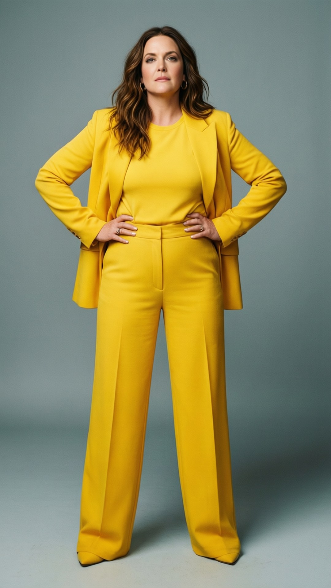 Bold Yellow Pantsuit 壁紙 — 一位身穿大膽黃色西裝的女性，雙手叉腰，自信地站在中性灰色攝影棚背景前。