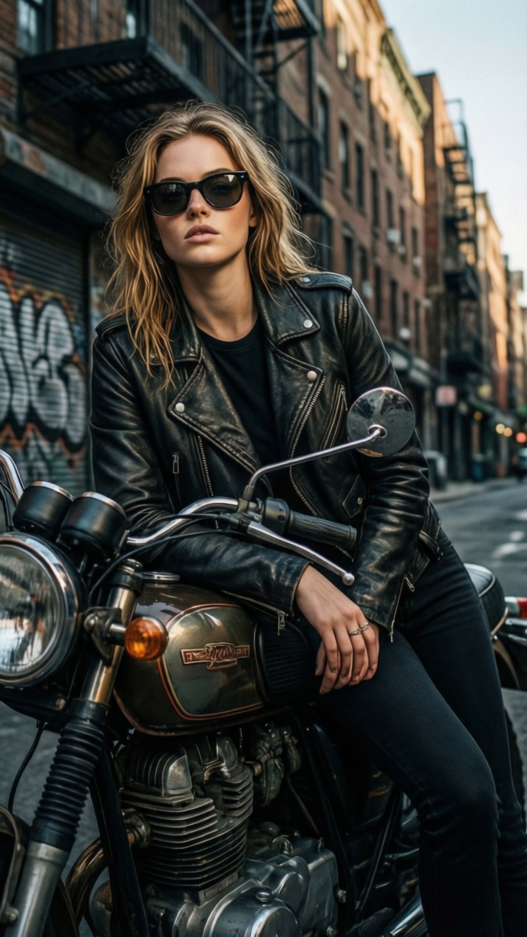 Sophie Turner Edgy Biker 壁紙 — 一位穿著黑色皮夾克和太陽眼鏡的女性自信地坐在一輛停放在塗鴉覆蓋的城市街道上的復古摩托車上。