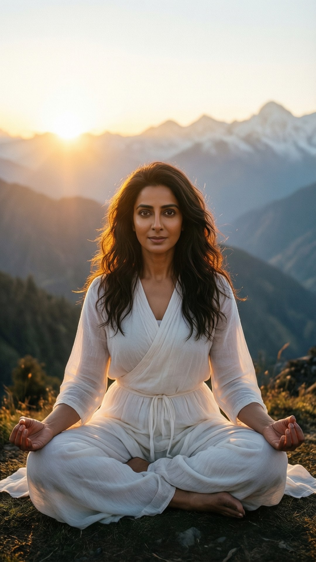 Mountain Meditation 壁紙 — 一位身穿白色冥想服的女性盤腿坐在山脊上，日出時分，背後的雪山頂峰閃耀著光芒。