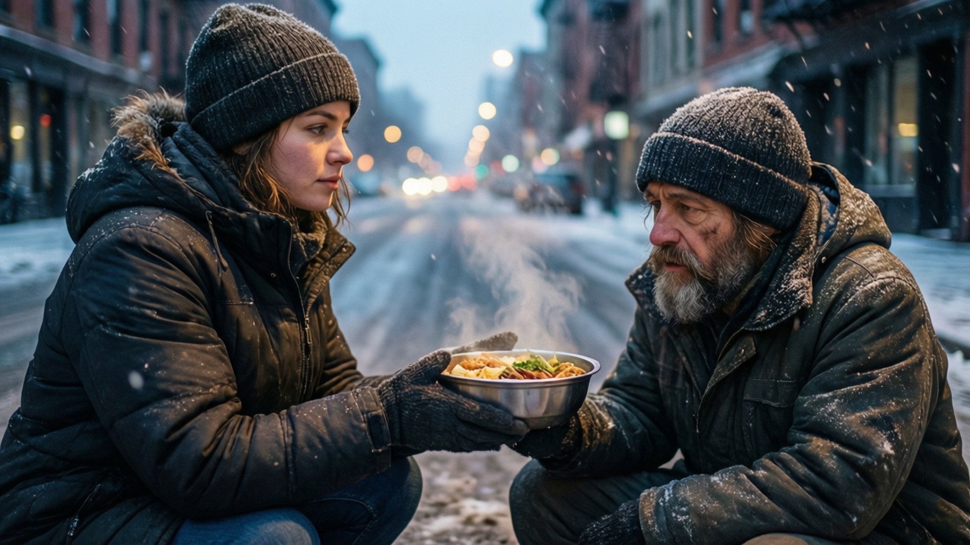 Altruism 桌布 壁紙 — 一名身穿冬季外套的女性，在黃昏時分的積雪城市街道上，向一名留鬍鬚的男子遞上一碗熱氣騰騰的食物。