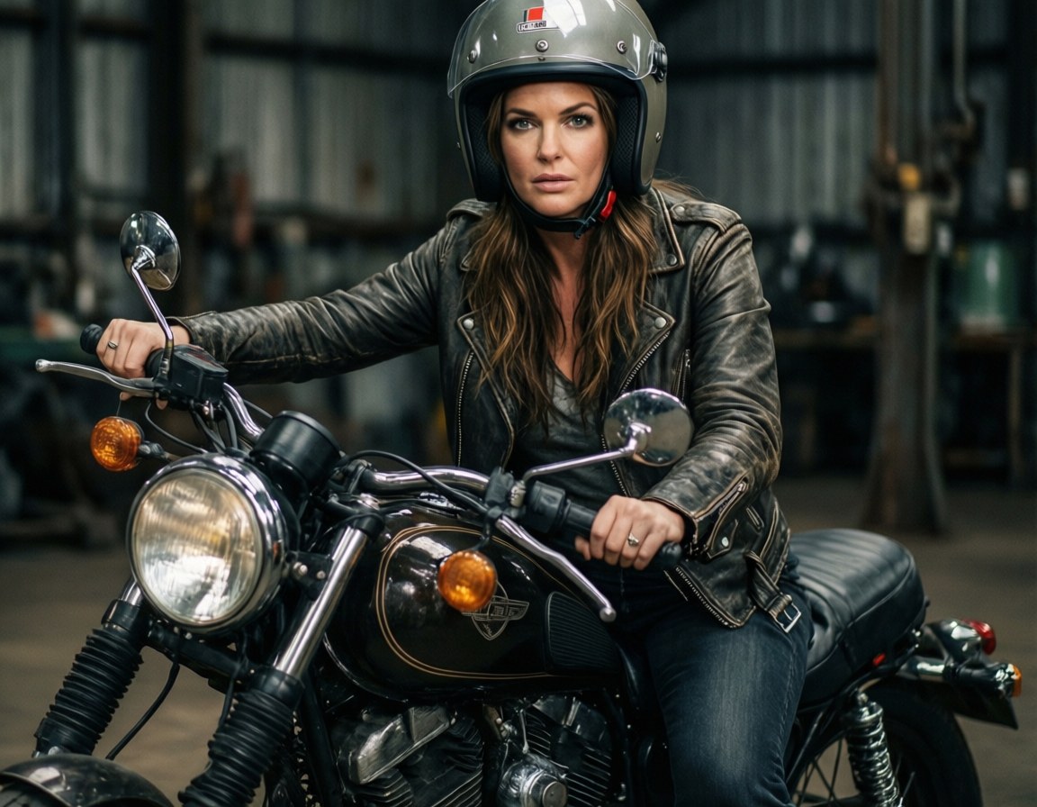 Motorcycle Rebel 壁紙 — 一名戴著頭盔和皮夾克的女性，在燈光昏暗的工業車庫中，坐在一輛經典黑色摩托車上，蓄勢待發。