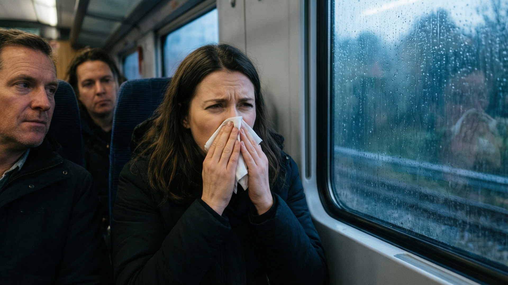 Sneeze 桌布 壁紙 — 一位女士在雨天的火車上用紙巾擦鼻子，乘客坐在附近。