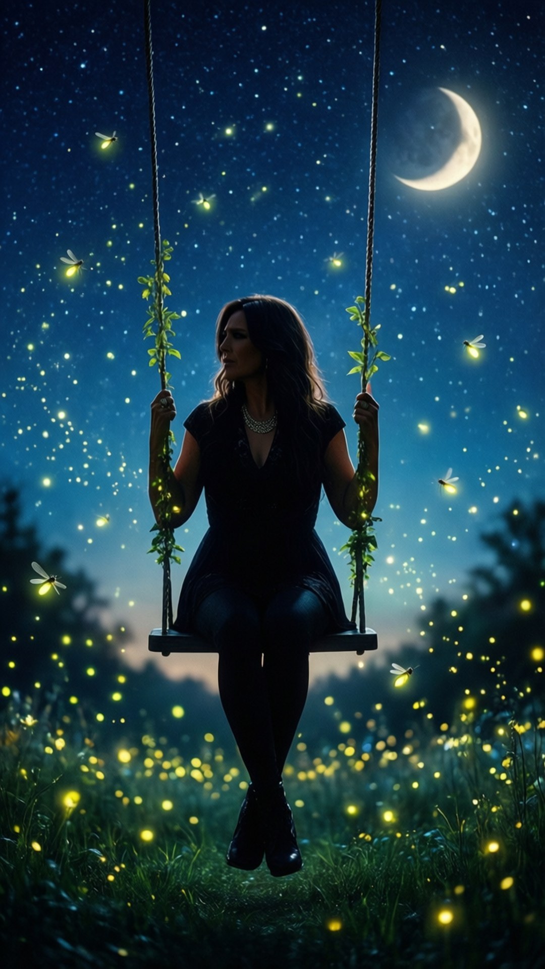 Swing Under Stars 壁紙 — 一個女人坐在鞦韆上，在繁星點點的夜空下，有新月和發光的螢火蟲圍繞著她。