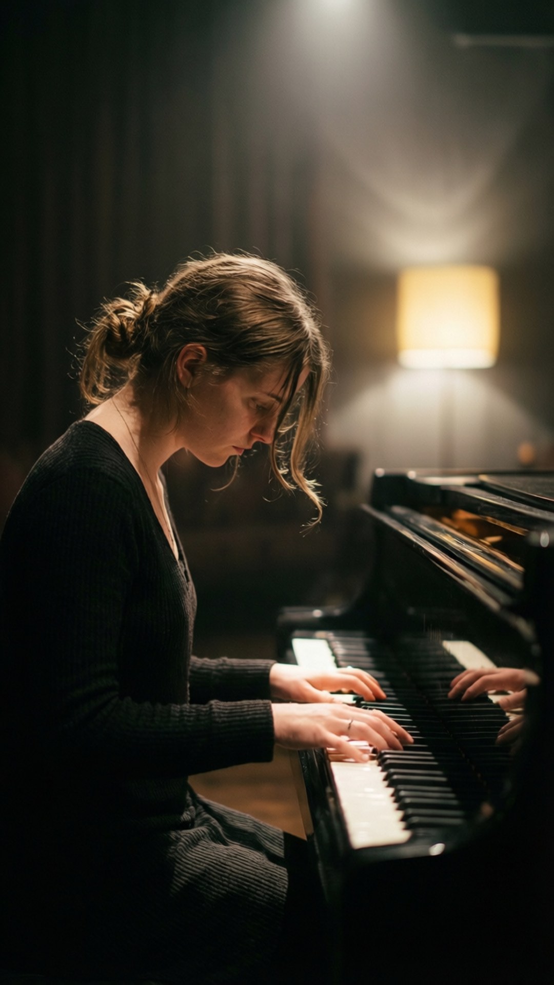 Riley at the Piano 壁紙 — 一位身穿黑色毛衣的女性在昏暗的房間裡，窗簾旁，在溫暖的聚光燈下彈奏三角鋼琴。