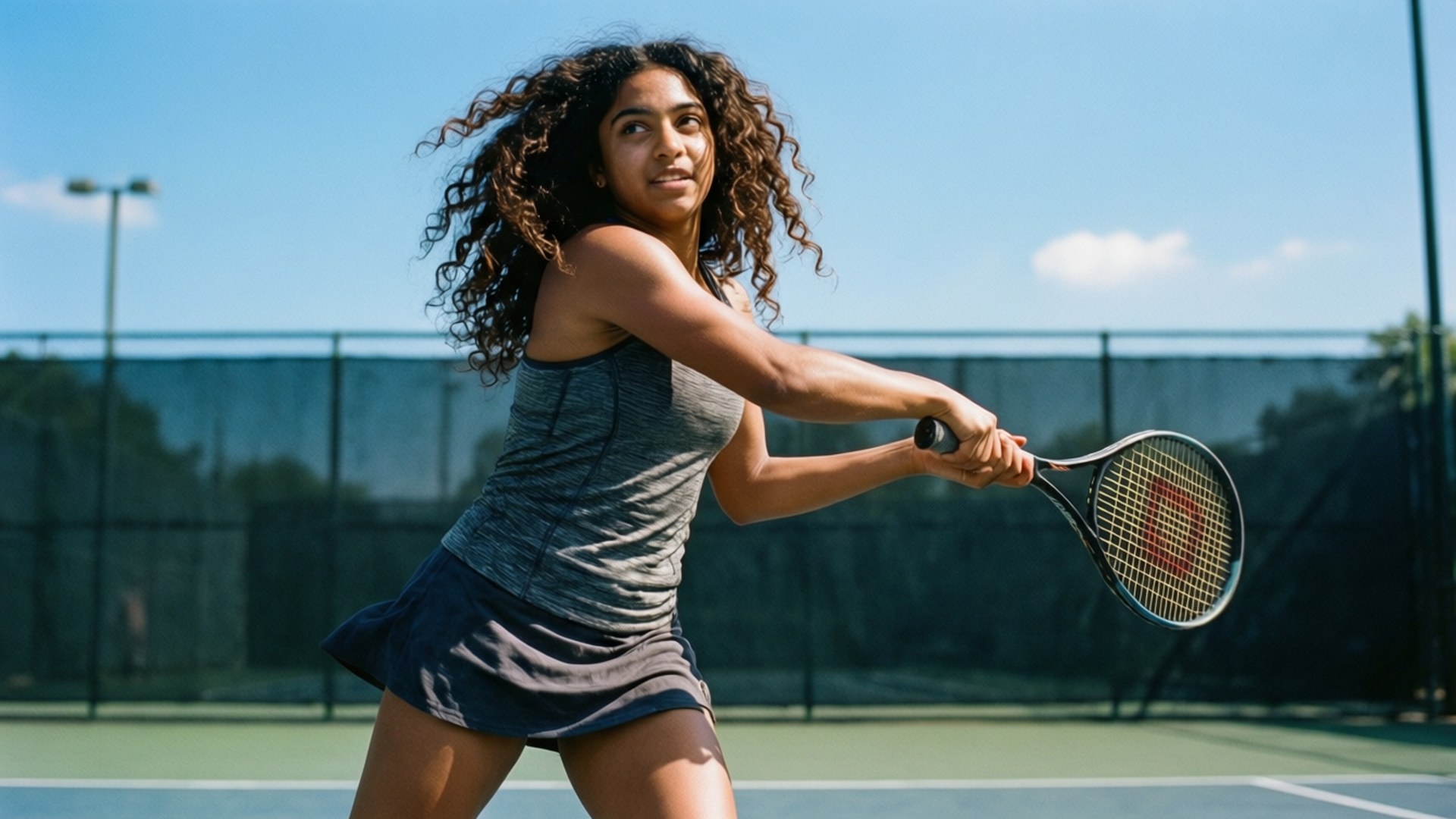 Aneesa on the Court 壁紙 — 一位捲髮女性在晴朗藍天下陽光充足的戶外球場揮動網球拍。