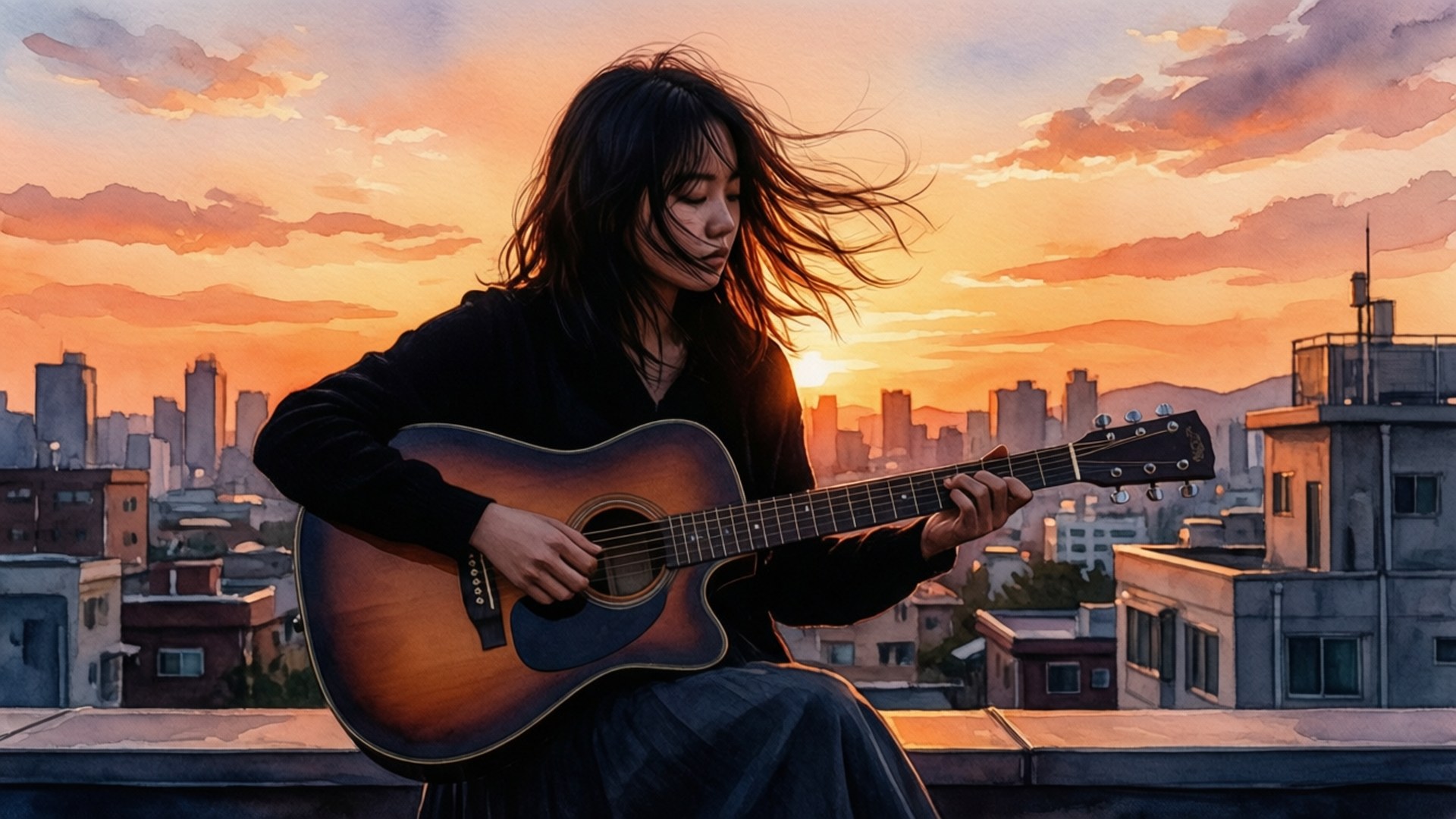 Song-hwa's Sunset Melody 壁紙 — 一位頭髮被風吹拂的女性在天臺上彈奏木吉他，城市天際線在夕陽色調中閃耀。