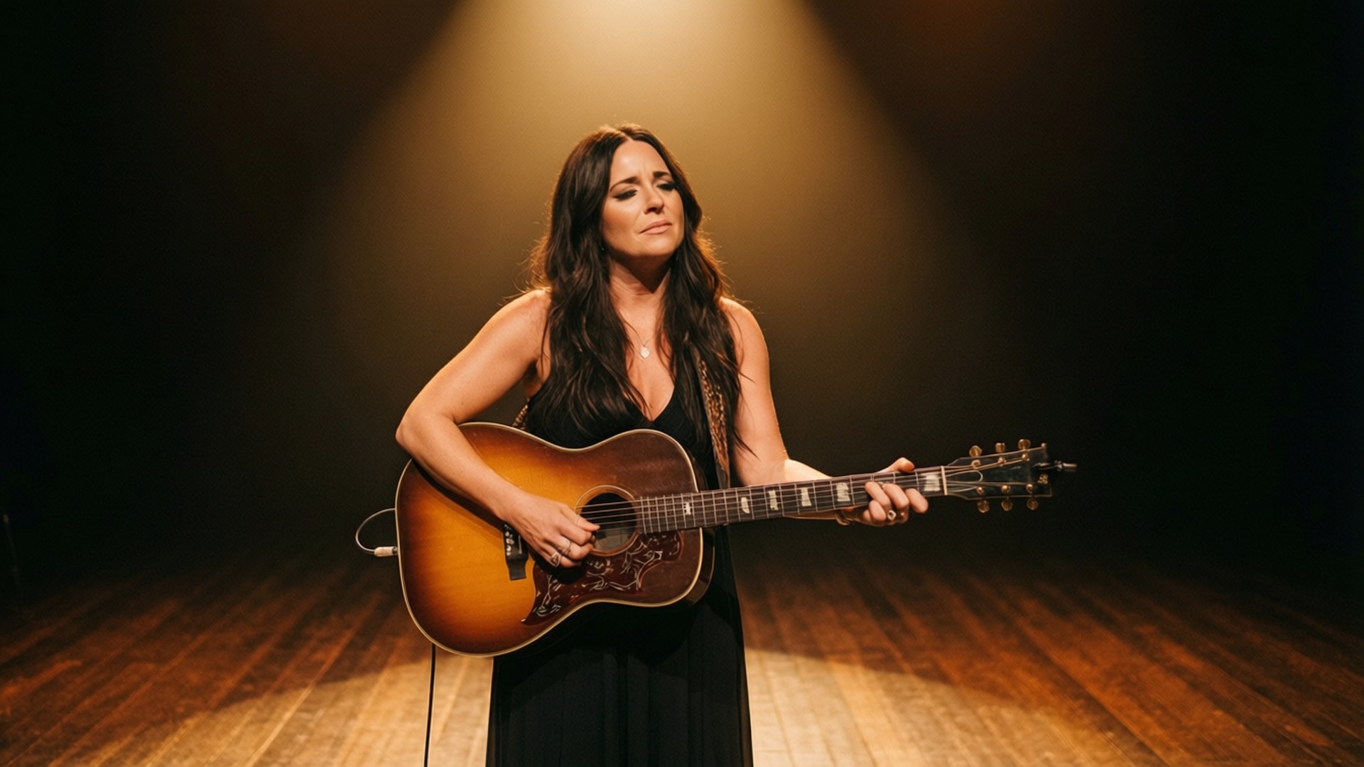 Intimate Acoustic 壁紙 — 一位長黑髮的女性在木製舞台上，在溫暖的聚光燈下彈奏一把旭日紋原聲吉他。
