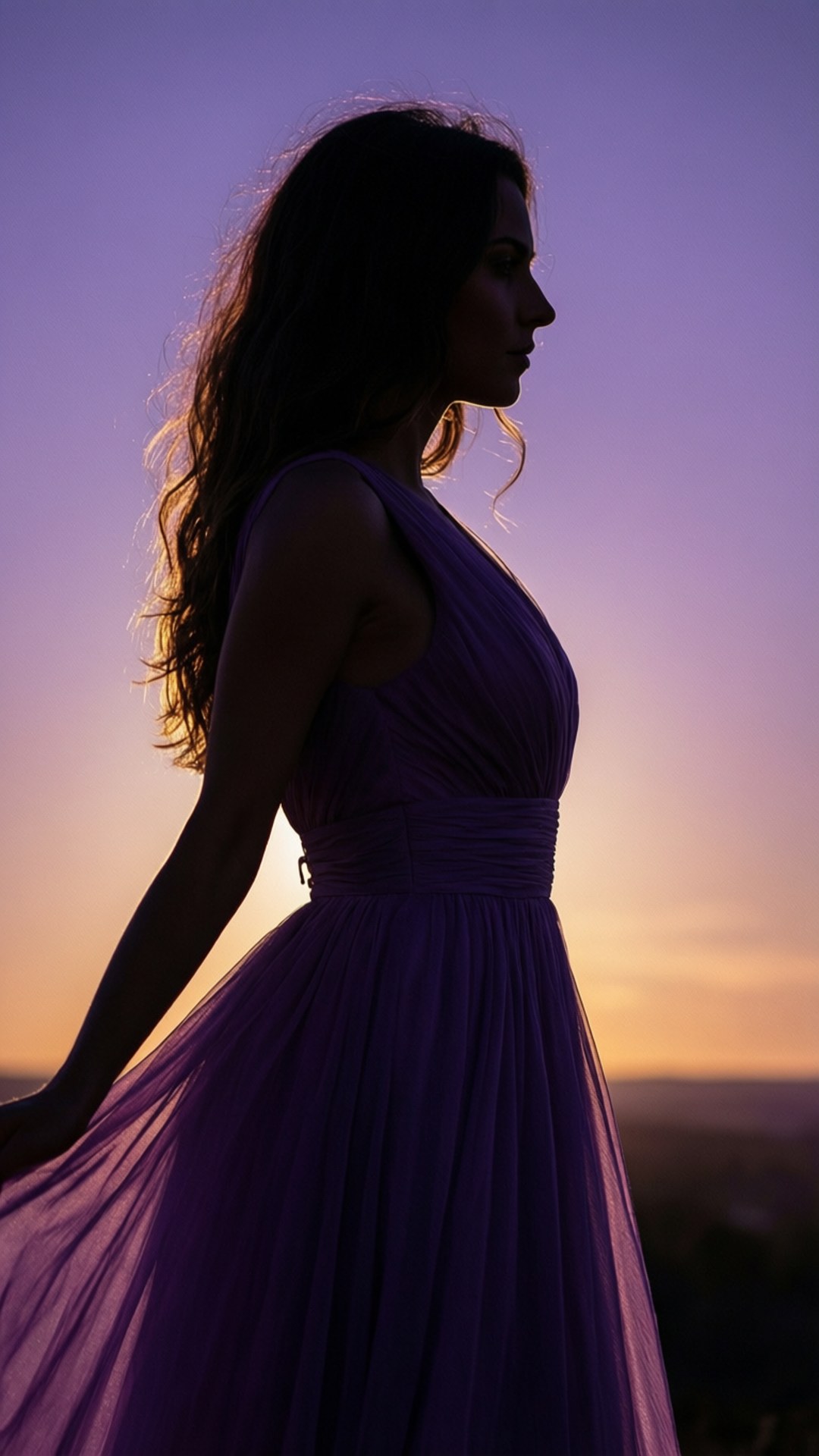 Violet Silhouette 壁紙 — 一位身穿飄逸紫色連衣裙的女性，在柔和金色和紫羅蘭色調的鮮豔日落天空襯托下，以剪影站立。