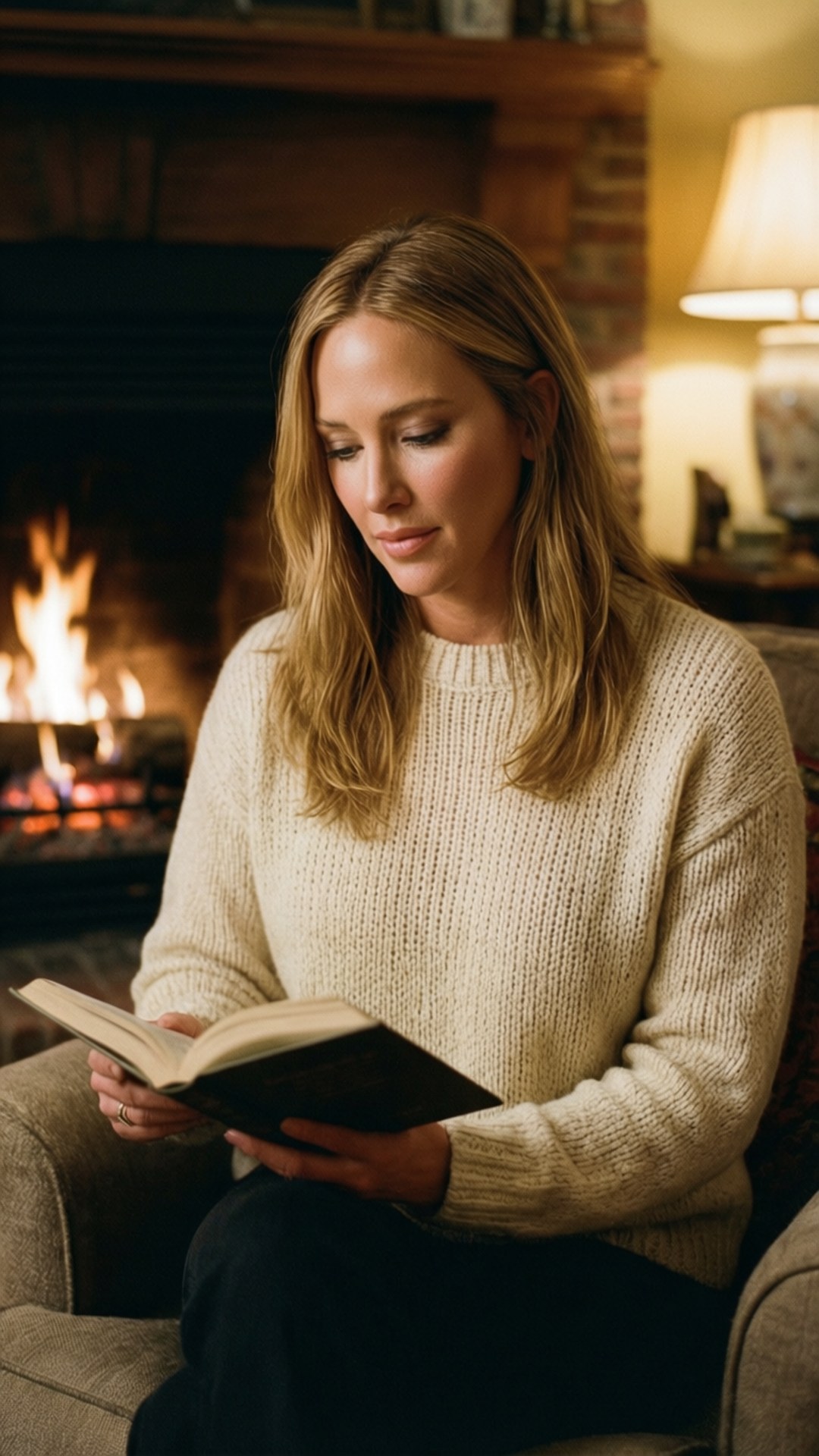 Cozy Reading 壁紙 — 一位身穿奶油色毛衣的女性在舒適的客廳裡，在溫暖發光的壁爐旁看書。