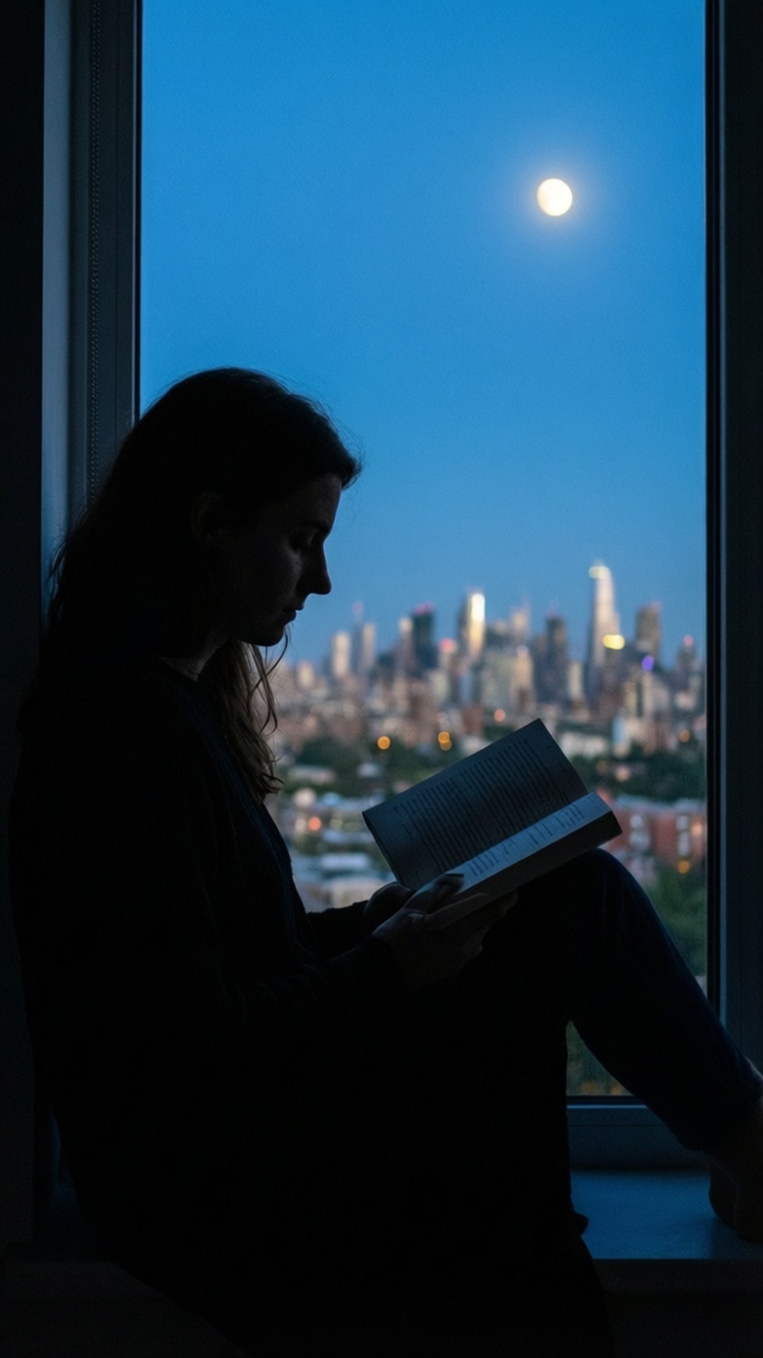 Night Reader 壁紙 — 一個剪影女性在月光下閱讀一本書，俯瞰夜晚發光的城市天際線。