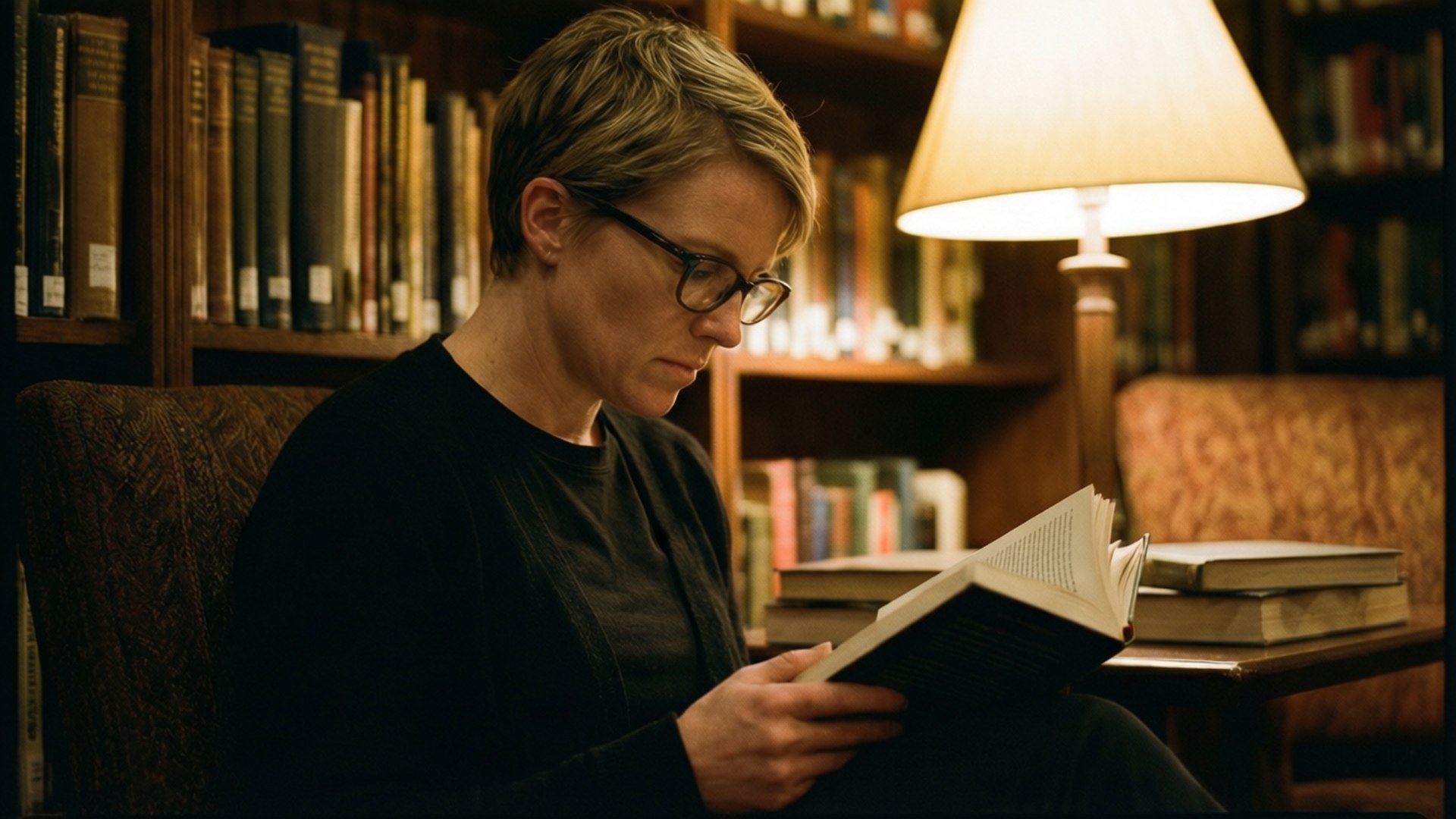 Chelsea Manning 桌布 壁紙 — 一位戴眼鏡的女性在溫暖的燈光下，於一個充滿木書架的舒適圖書館中閱讀一本書。