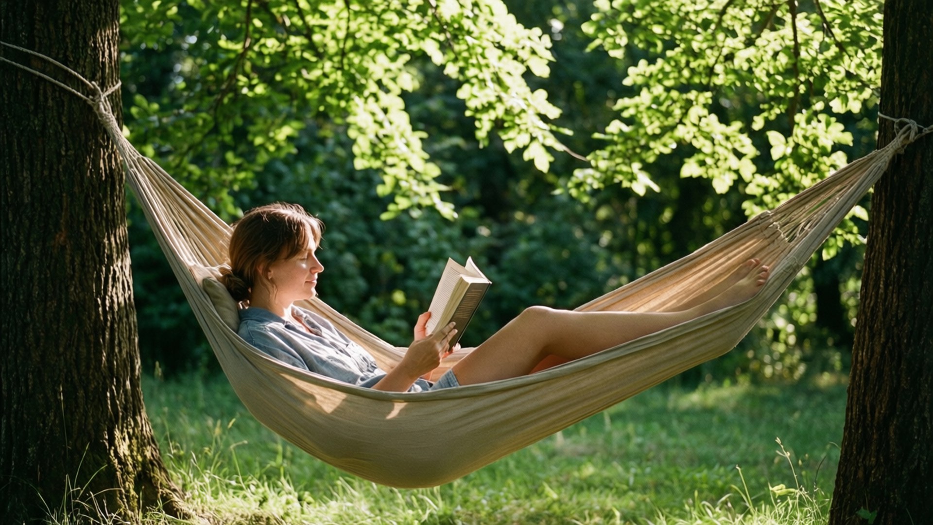 Reading in a Hammock 壁紙 — 一名女士在兩棵樹之間掛著的米色吊床上放鬆，在斑駁的陽光下於茂密的綠色森林中閱讀一本書。